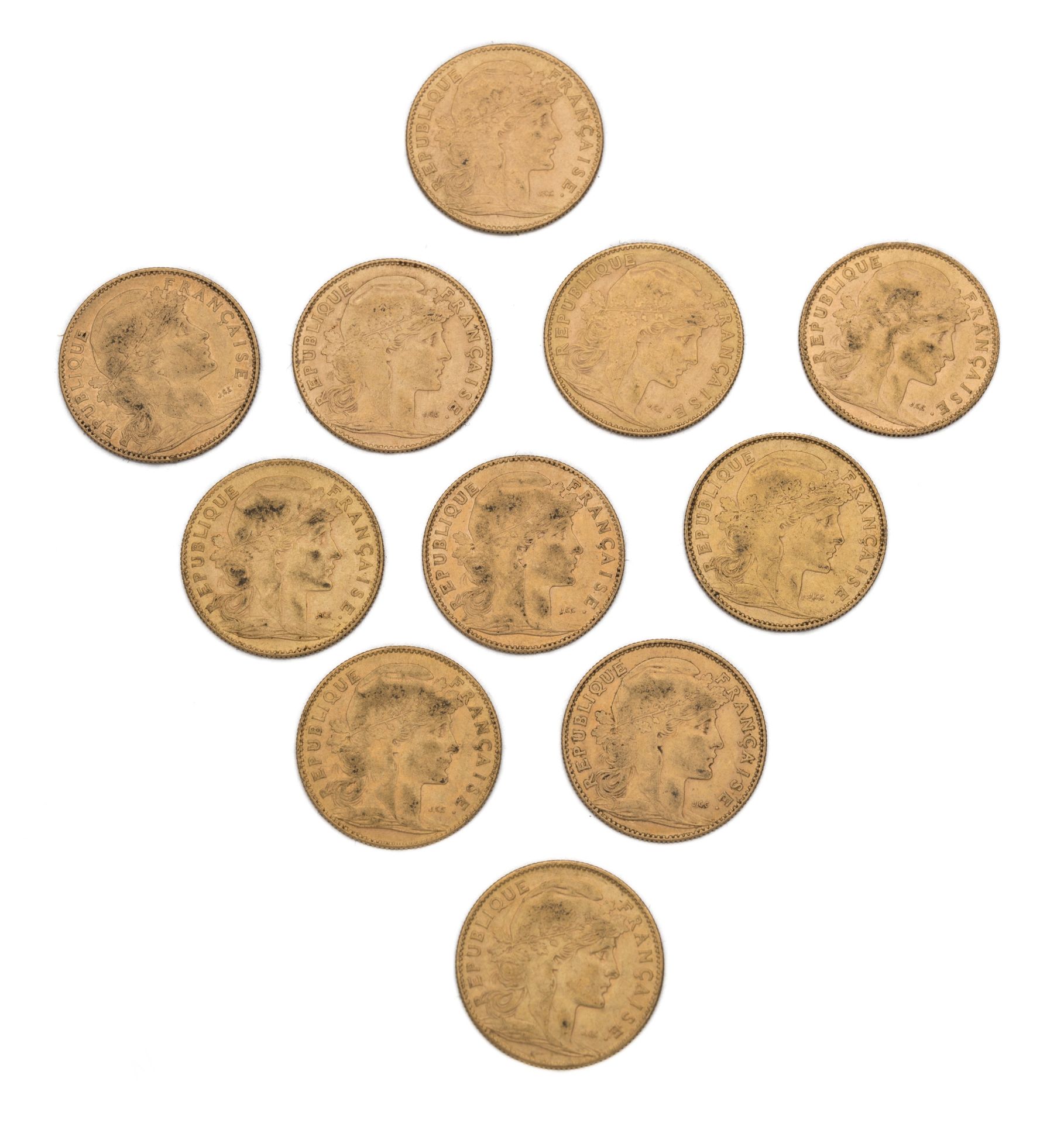 Null 第三共和国 
10法郎金币，玛丽安-科克。12份。从1899年到1912年的不同年份。 
重量：35,44克
