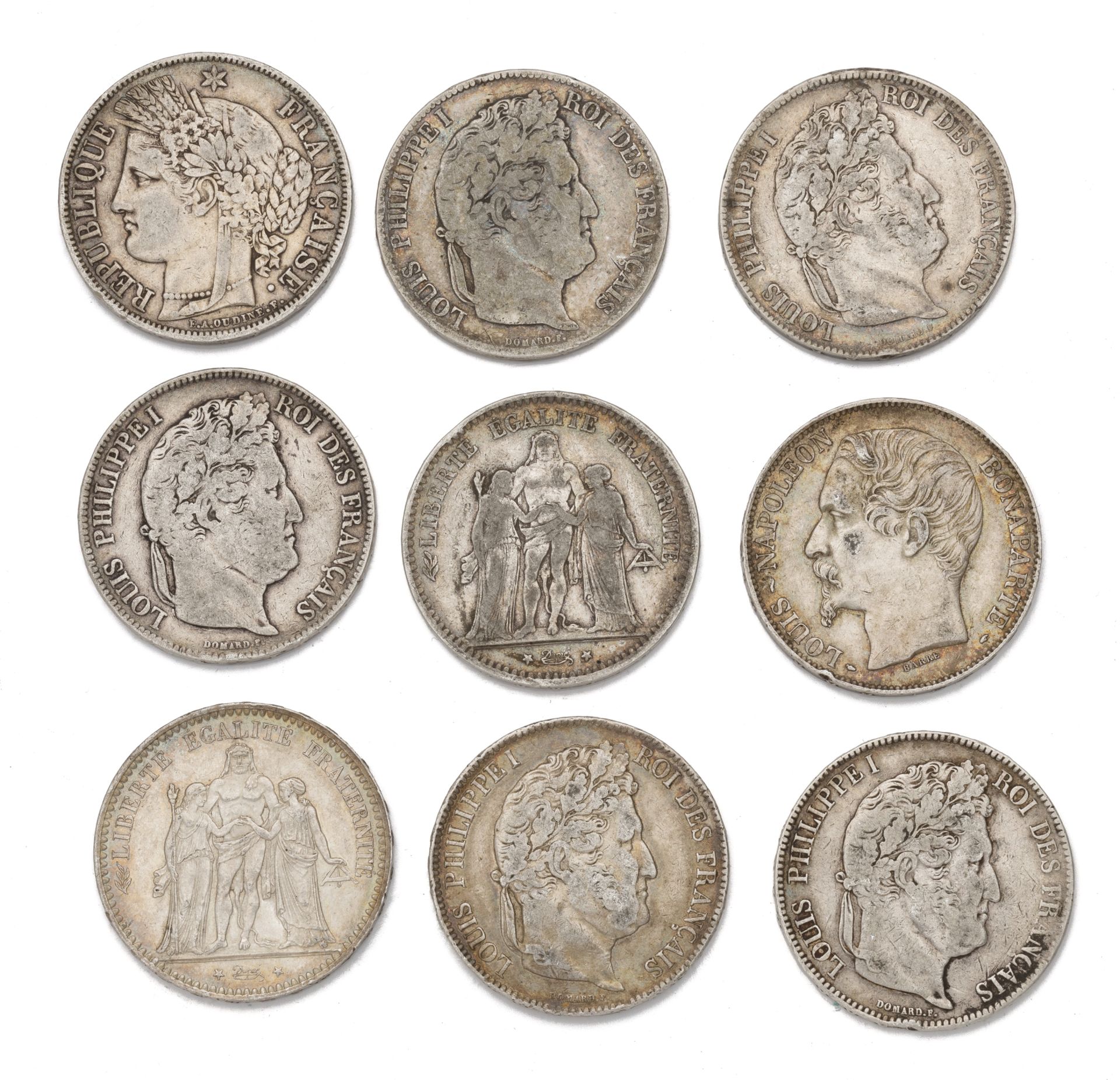 Null 白银 - 一套不同的法国硬币，包括: 
5法郎，路易-菲利普一世，月桂头。1832 B - 1833 D - 1835 B - 1837 W 和 18&hellip;