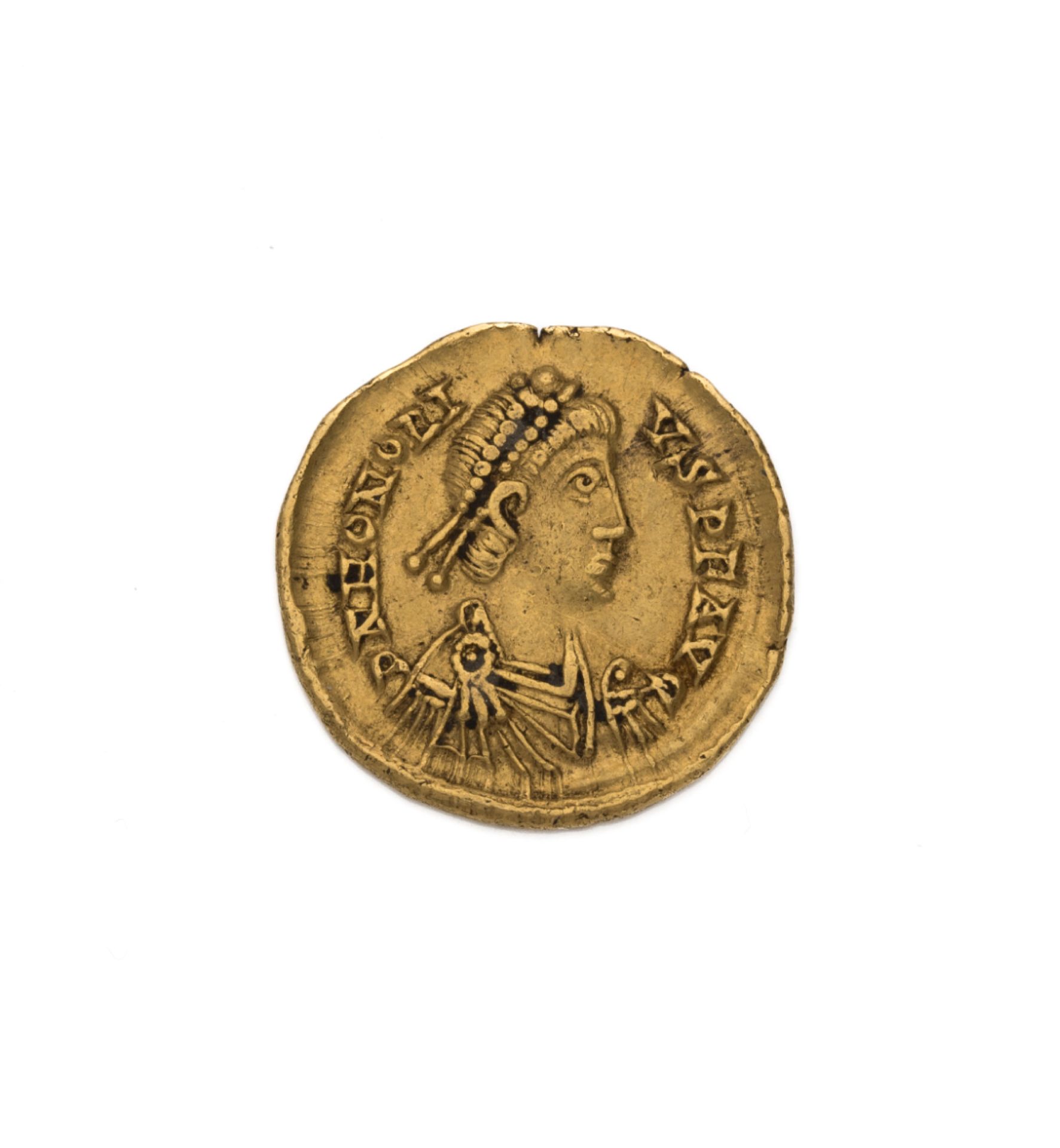 Null 霍诺里斯393-423年固体金4.41克。在罗马铸造。他的头饰半身像在右边。 
R/ 霍诺里乌斯站立并推回一个俘虏。RIC 1252. 
边缘有安装的&hellip;