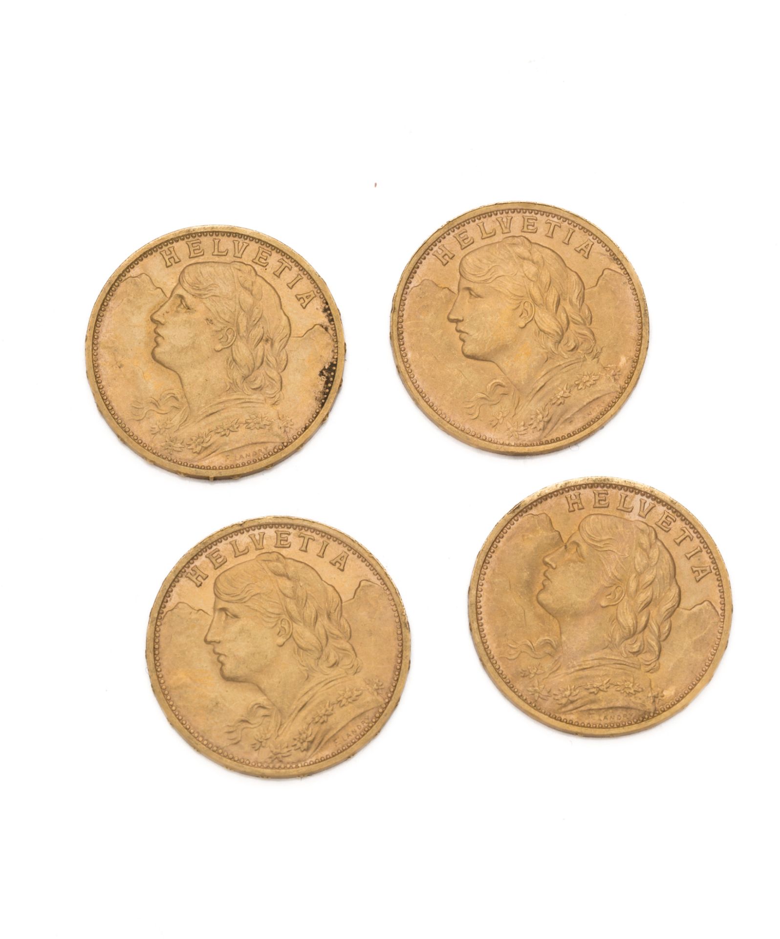 Null 瑞士
20里拉金币，Helvetia.1927年（3份）和1930年
重量：25,80克