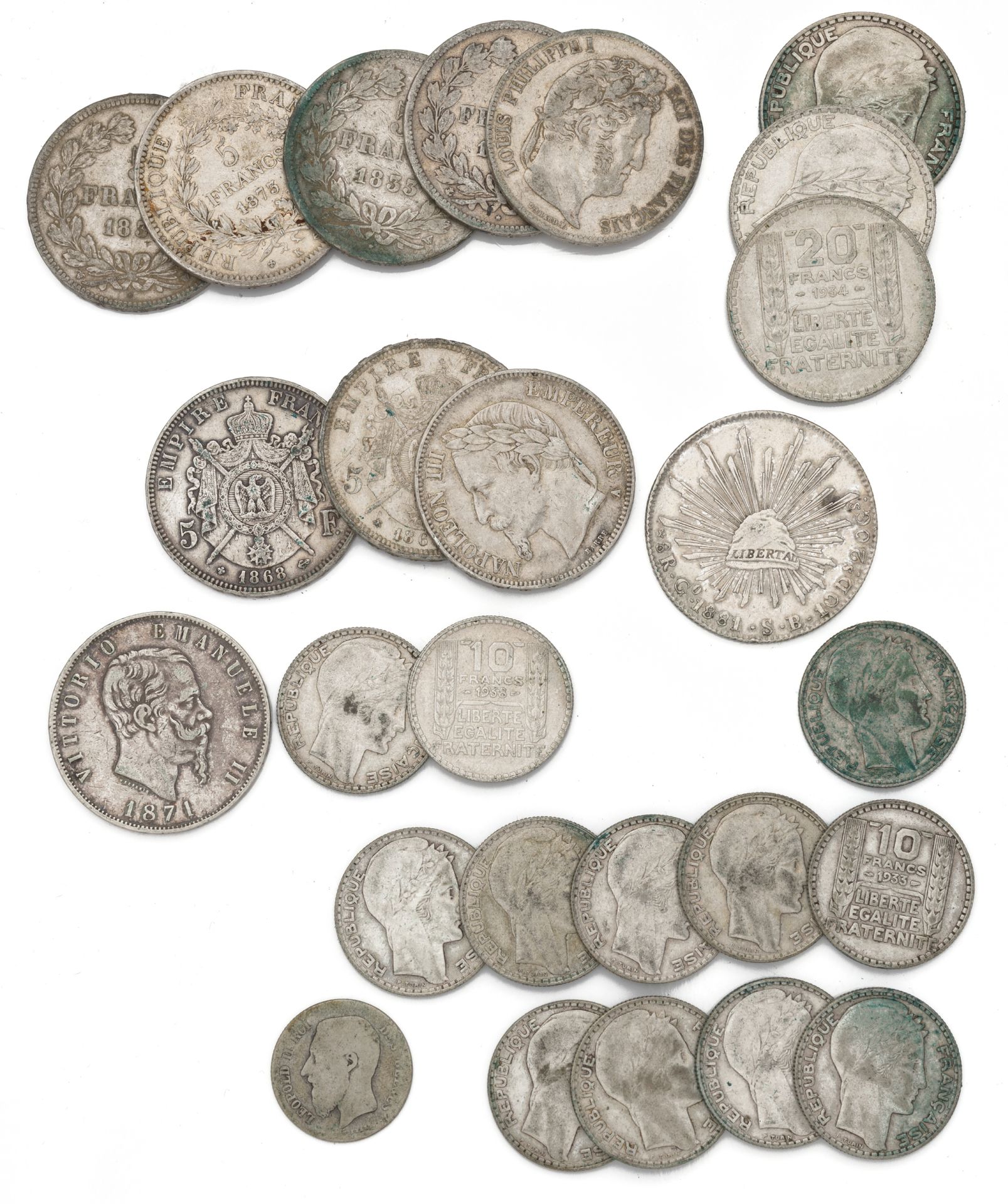 Null 白银 - 一套各种硬币，包括: 
路易-菲利普5法郎（4枚）1833 W里尔、1837 A巴黎、1838 W里尔、1839 W里尔
1873年波尔多K&hellip;