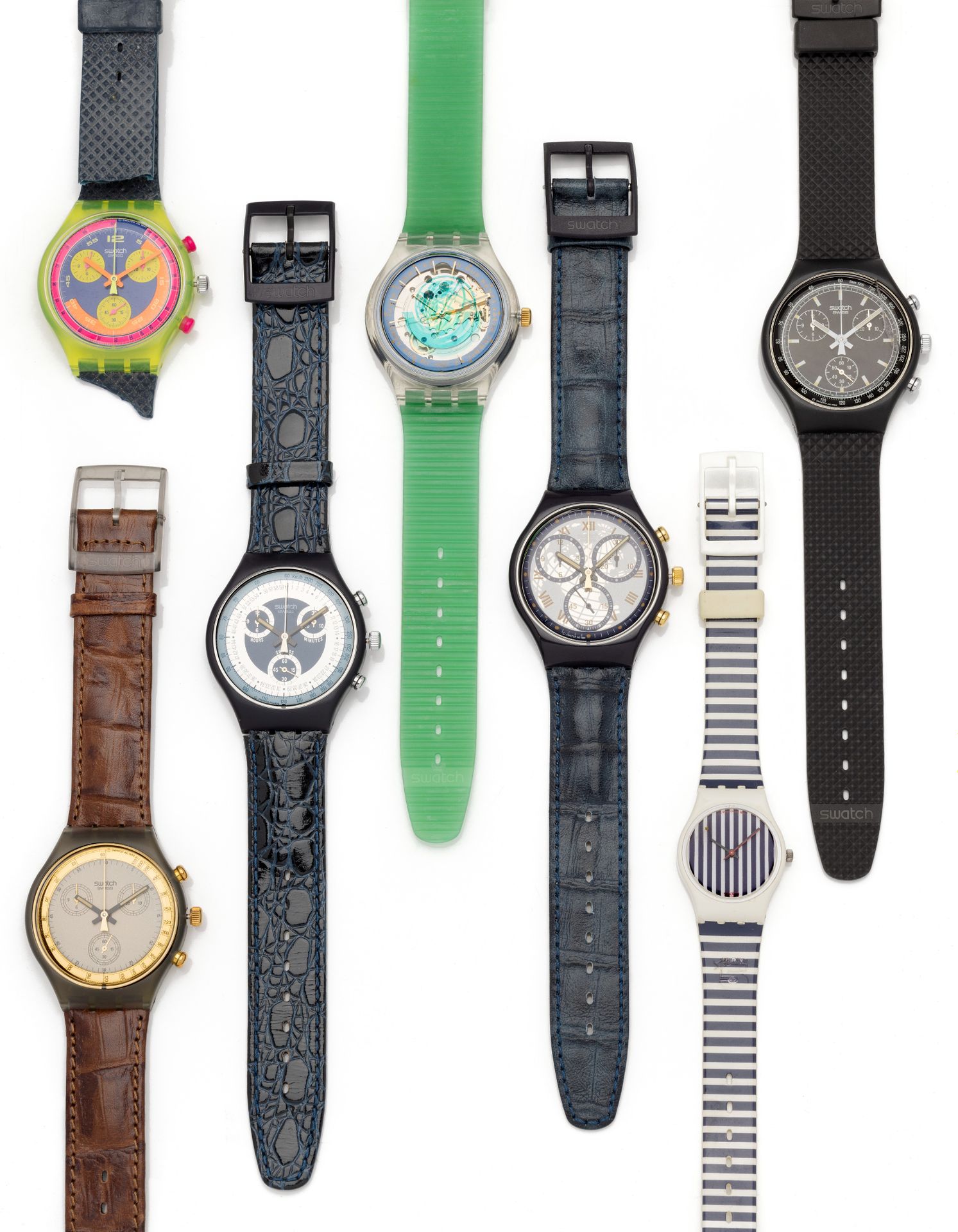 Null 大量的斯沃琪手表
一批斯沃琪手表，包括7只手表，其中6只是新货，有盒子和文件。五只男士计时表，石英机芯，其中一只黑色计时表的黑色表带的玻璃出现意外，另&hellip;