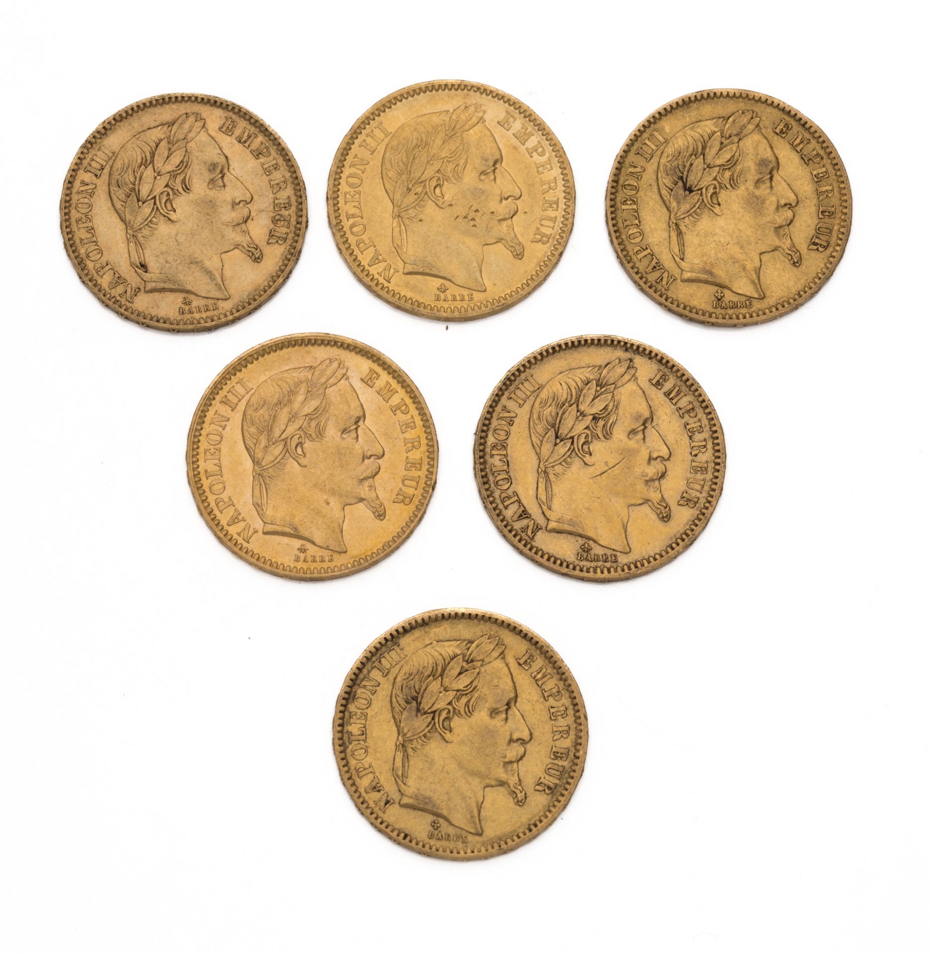 Null SECONDO IMPERO
20 franchi oro Napoleone III, testa di alloro. 6 esemplari. &hellip;