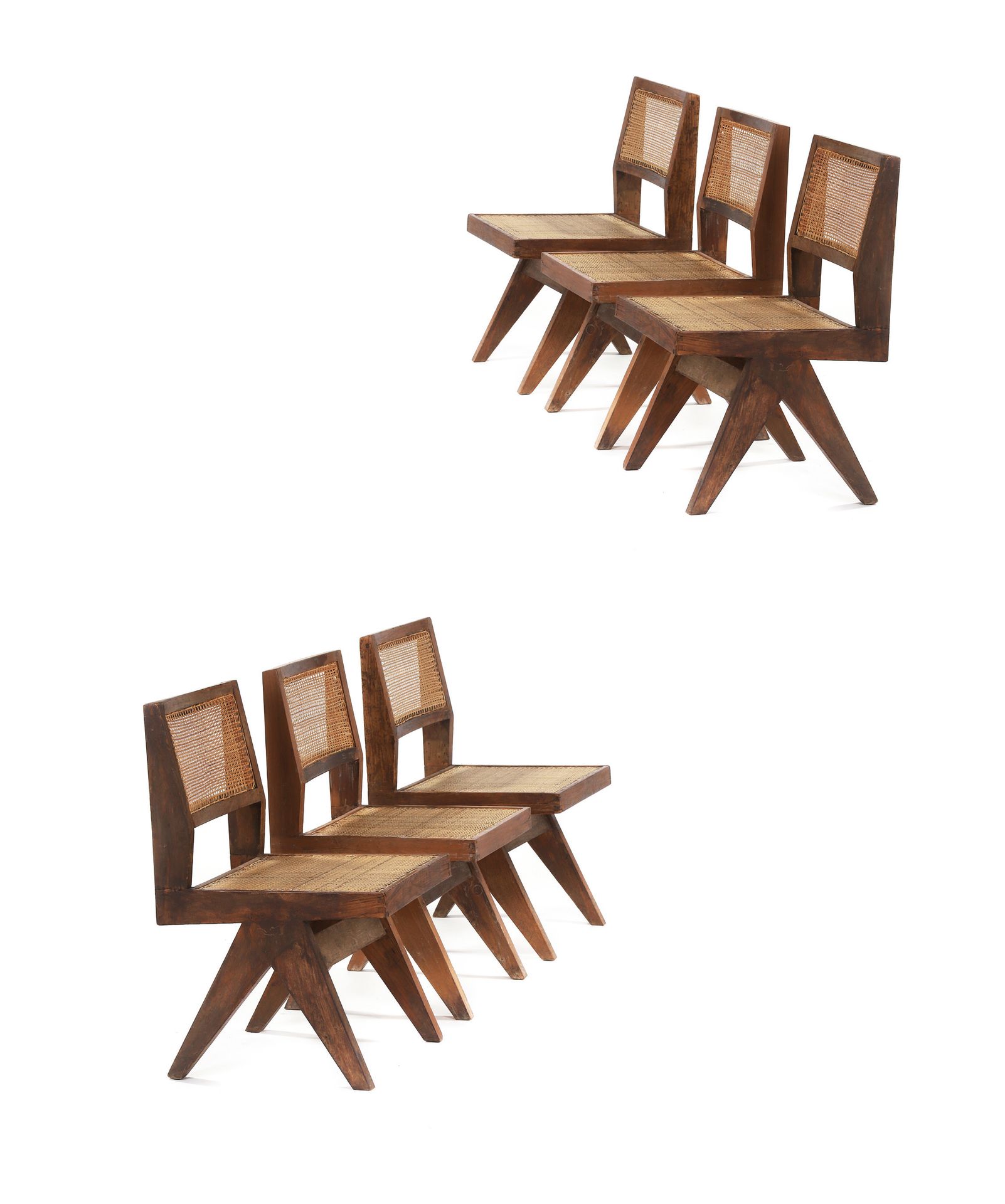 Null Pierre JEANNERET (1896-1967) 6把椅子组成的套房，称为V型 柚木，藤条85 x 44 x 57厘米。1958-1959年 &hellip;
