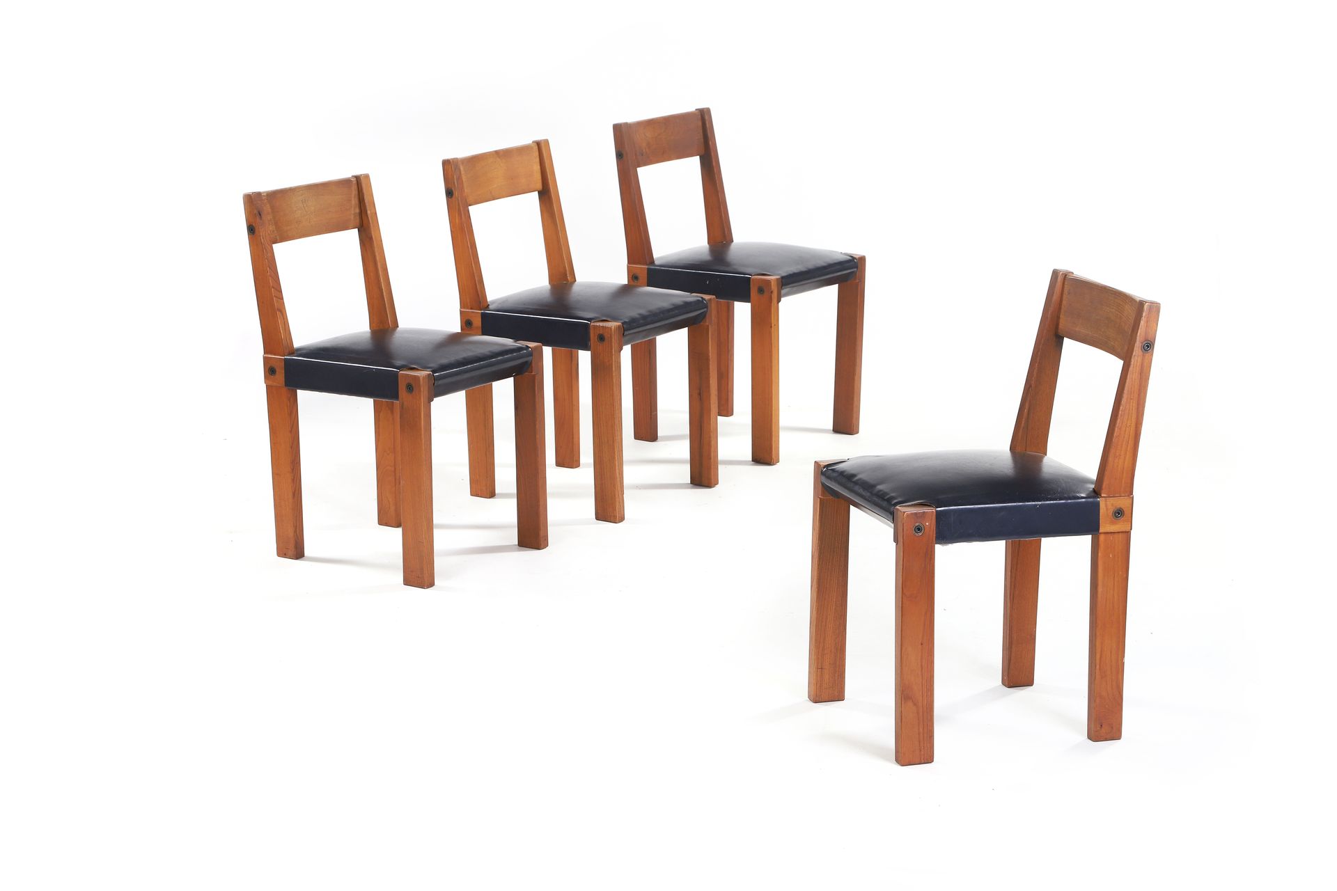 Null Pierre CHAPO (1927-1987) Suite of 4 chairs called S24 Elm, leather, ropes 7&hellip;