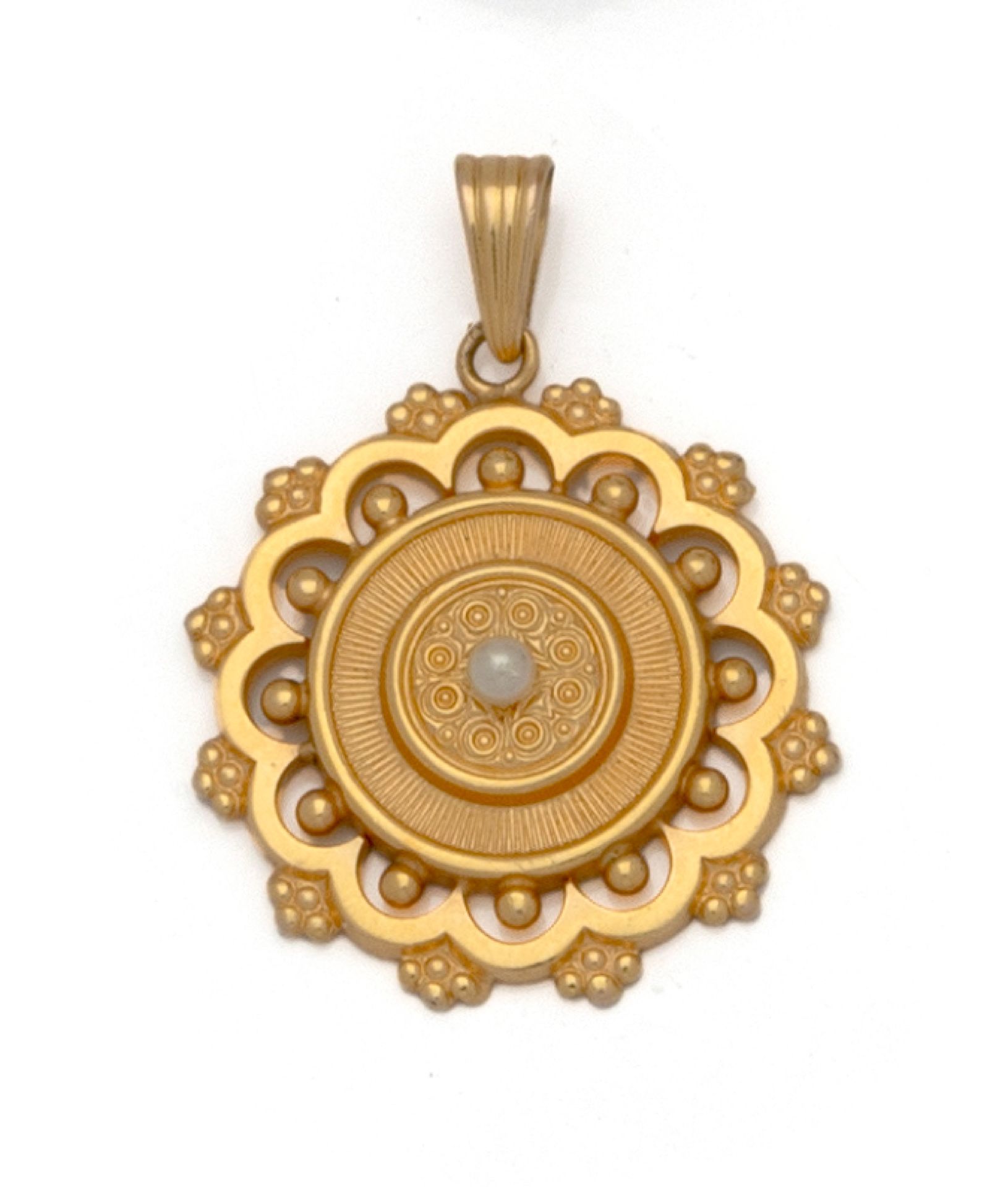 Null Pendente rotondo in oro giallo 18 carati (750/1000) che stilizza una rosett&hellip;