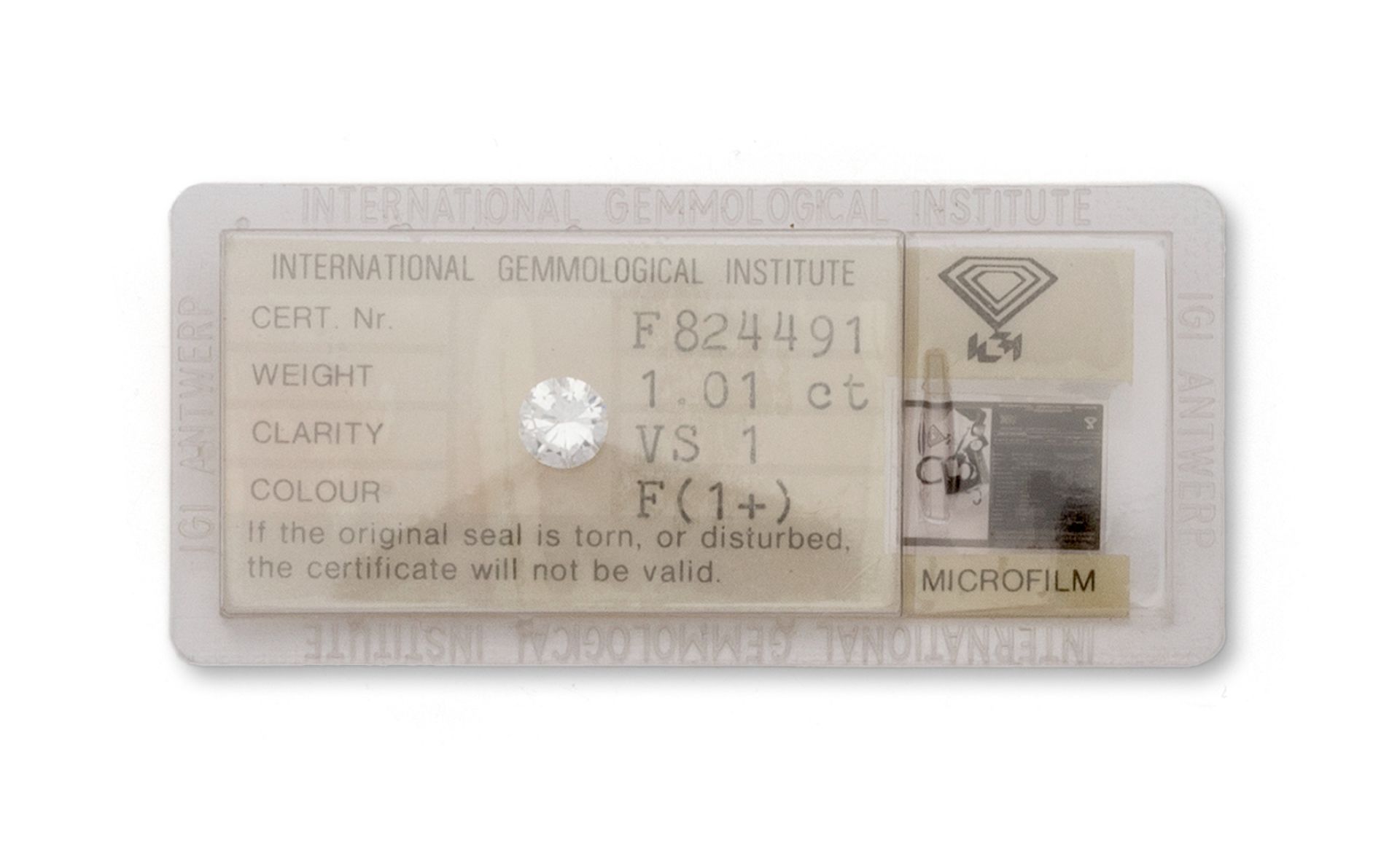 Null 封底钻石为明亮式切割，重 1.01 克拉，F 级，VS1。
附 1979 年 12 月 13 日的 IGI 证书 n°F324491。
重量：1.01&hellip;