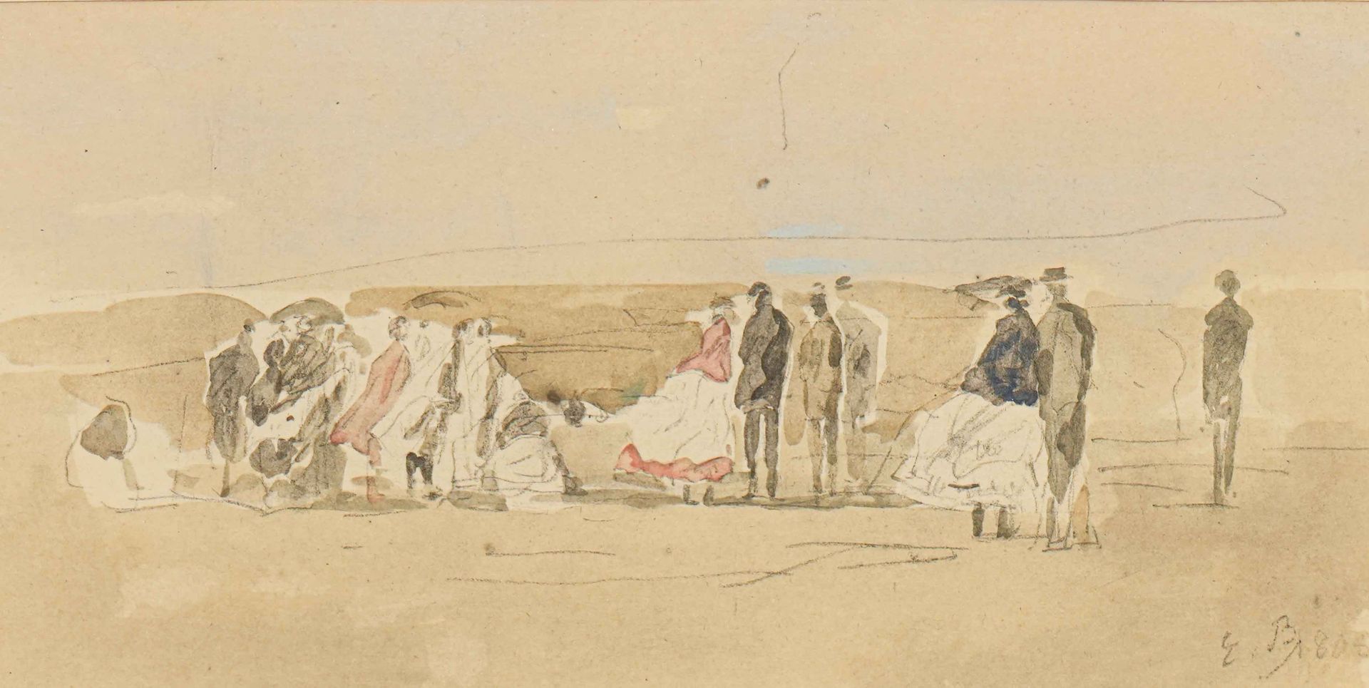 Null Eugène BOUDIN (1824-1898)
Promenade sur la plage. 1888
Aquarelle
Signée et &hellip;