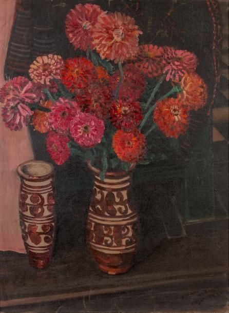Null Frédéric Marius de BUZON (1879-1958) Deux vases fleuris. 1932. Huile sur to&hellip;