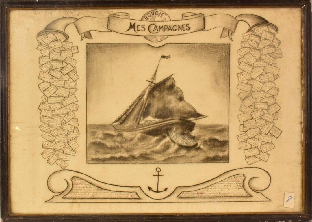 Null [MARINE]

马克-布吉在1867年至1872年间的战役的纪念品。

炭笔画表现的是一艘被卷入风暴的船，并附有该水手所服役的不同船只的清单（La&hellip;
