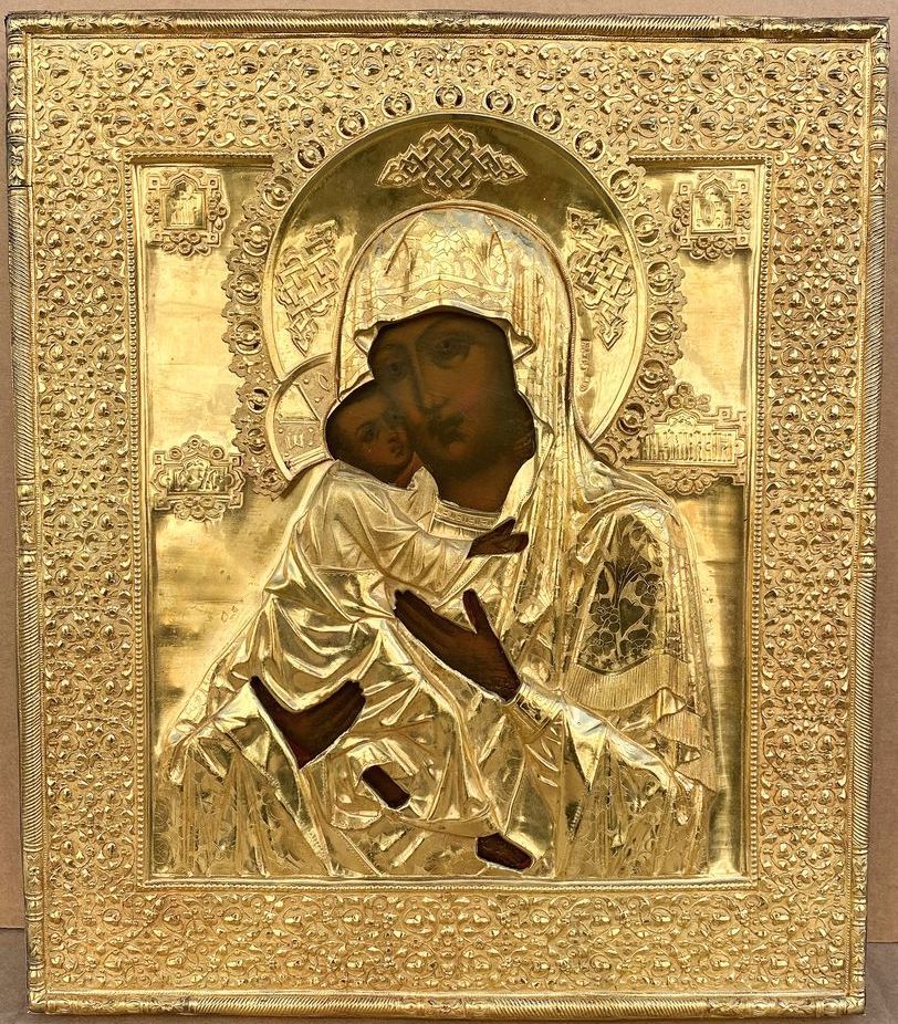 AN ICON «THE VLADIMIRSKAYA MOTHER OF GOD» IN A SILVER-GILT OKLAD Wood, gesso, te&hellip;