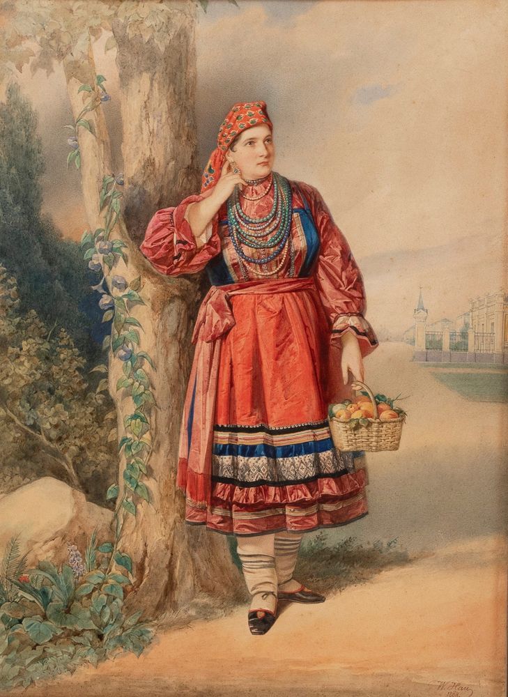 VLADIMIR IVANOVICH HAU (1816 – 1895) Russian woman with a basket of apples firma&hellip;