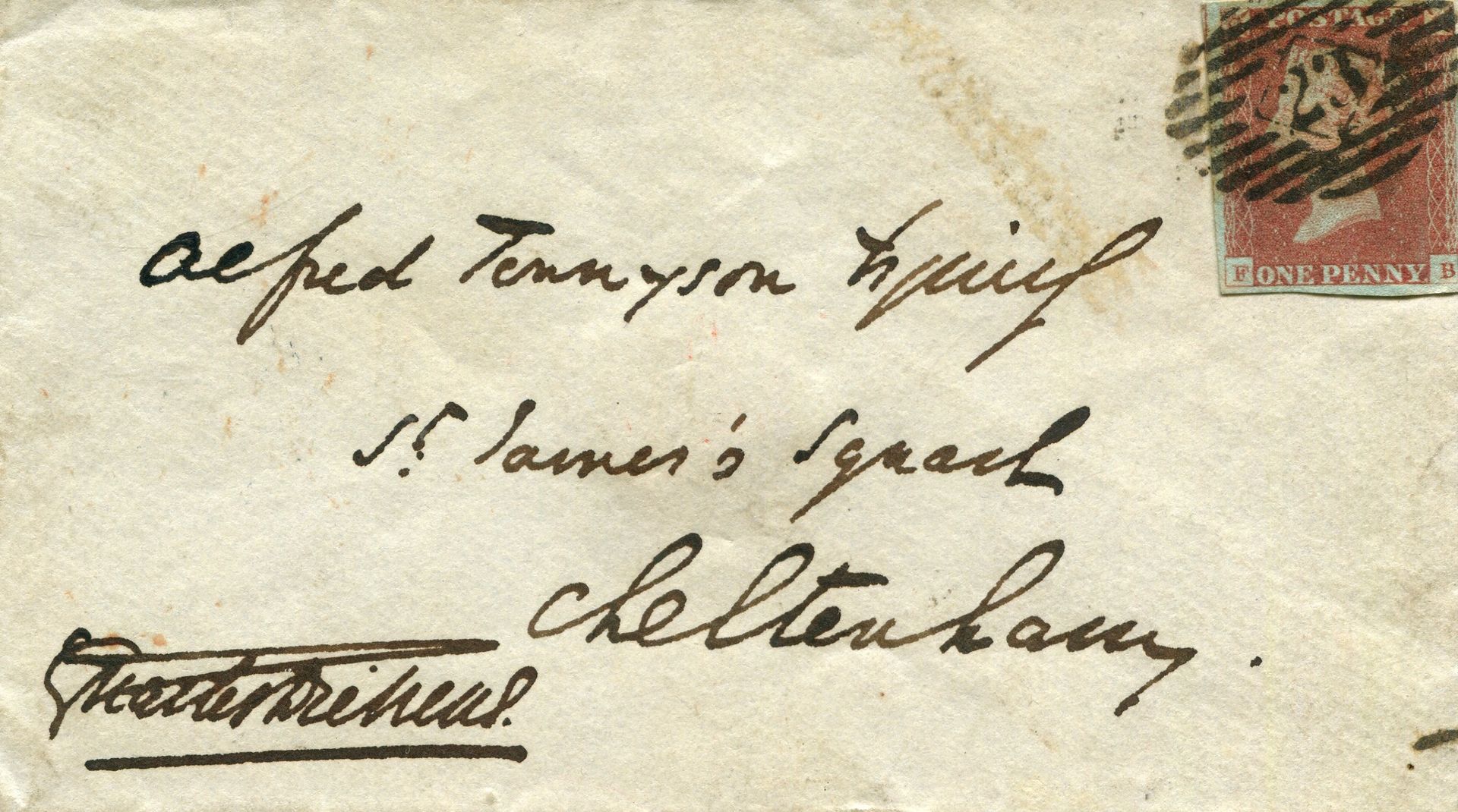 Null 狄更斯-查尔斯：（1812-1870）英国小说家。一个精美的亲笔签名信封，由狄更斯在切尔滕纳姆的圣詹姆斯广场大胆地写给阿尔弗雷德-丁尼生阁下。左下角有&hellip;
