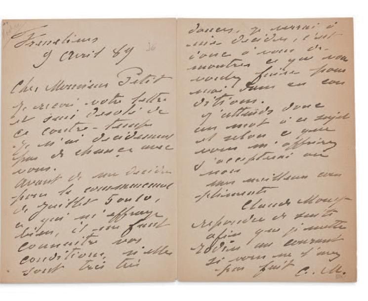 MONET CLAUDE (1840 - 1926) L.A.S., Fresselines (Creuse) 9 avril 1889, à Georges &hellip;