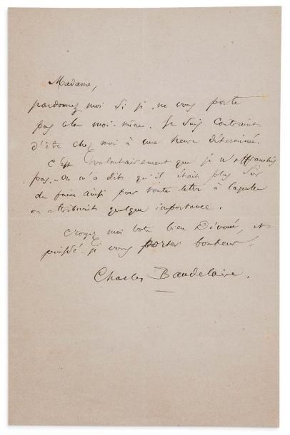 BAUDELAIRE Charles (1821-1867) 
L.A.S.; 1 page in-8.
Lettre autographe signée à &hellip;