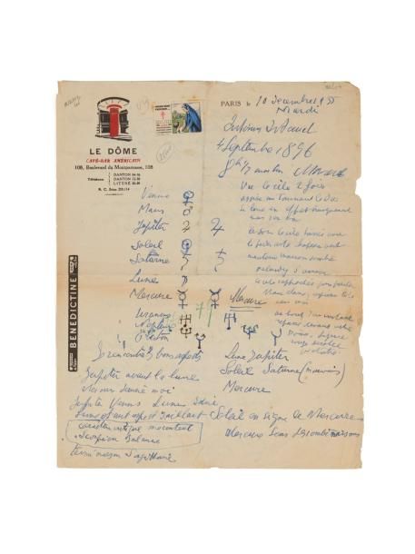 ARTAUD ANTONIN (1896 - 1948) 
HOROSCOPE AUTOGRAPHE D'ANTONIN ARTAUD PAR LUI-MÊME&hellip;