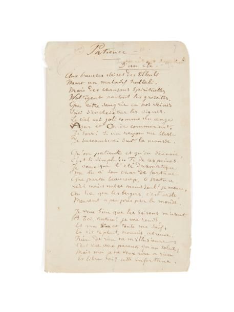 RIMBAUD ARTHUR (1854 - 1891) 
PATIENCE. D'UN ÉTÉ. Poème autographe, Charleville,&hellip;
