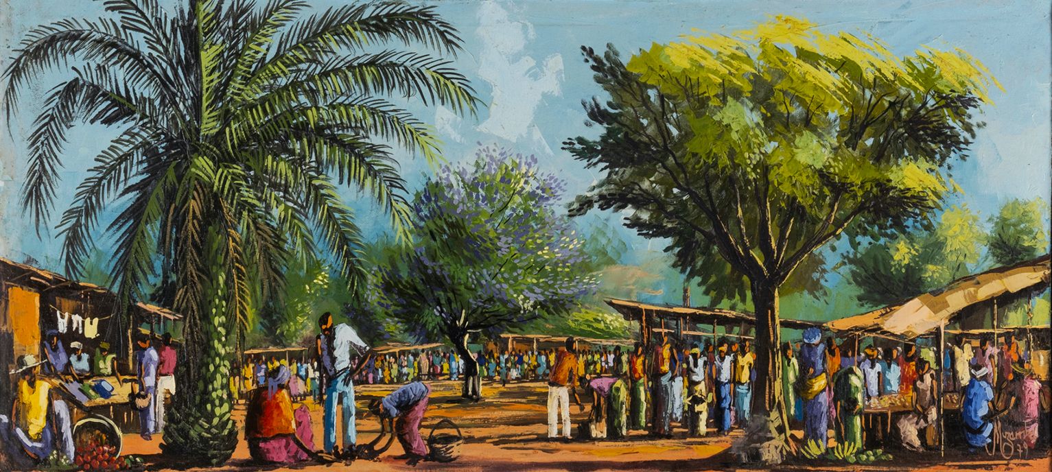 Muzemba (20TH Century, DRC) Óleo sobre lienzo 1979, firmado, 44,5 x 97 cm. Alumn&hellip;