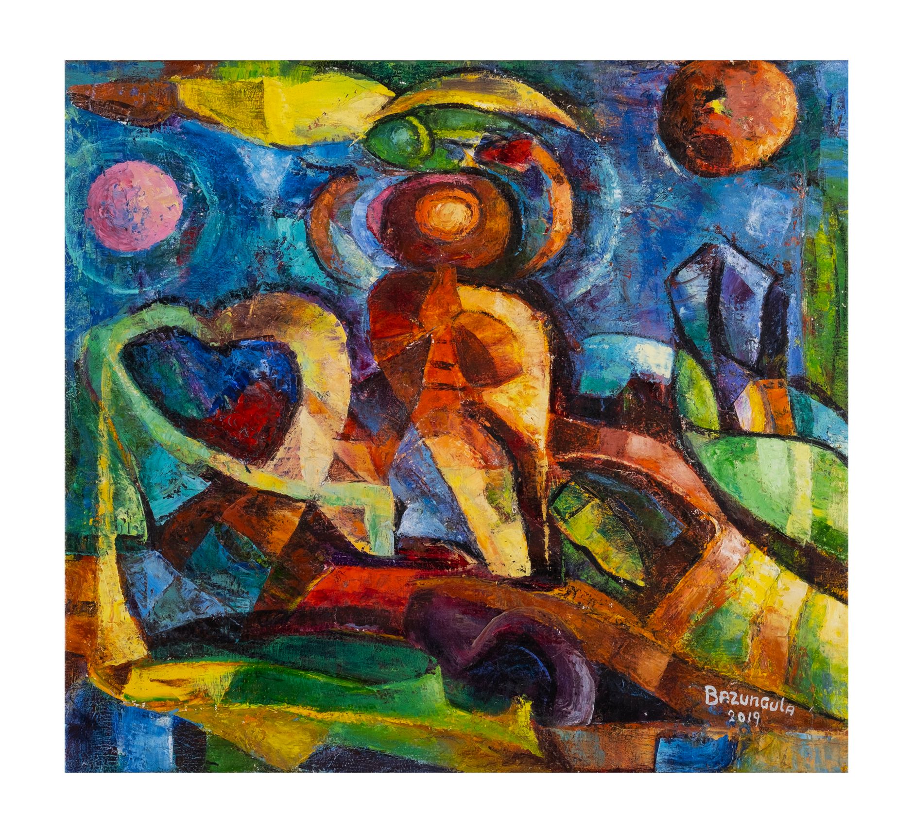 Bazungula, (DRC; Mpasa, 1943-?) "Paysage cubiste africain", Gemälde Acryl auf Le&hellip;