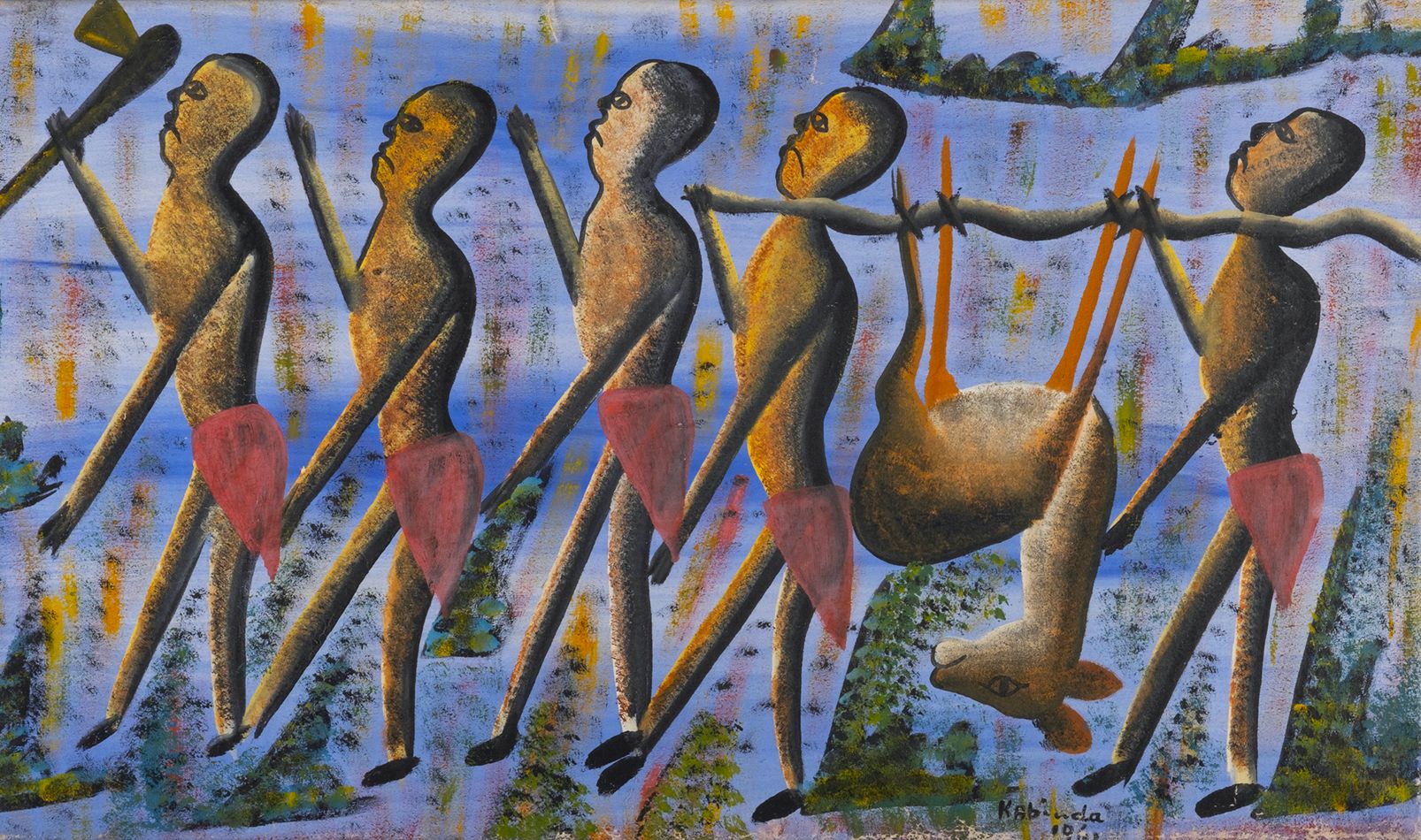 Kabinda (Luba, DRC, 1927 -?) Pittura olio su tela anni 60/70, firmata, 50 x 86 c&hellip;