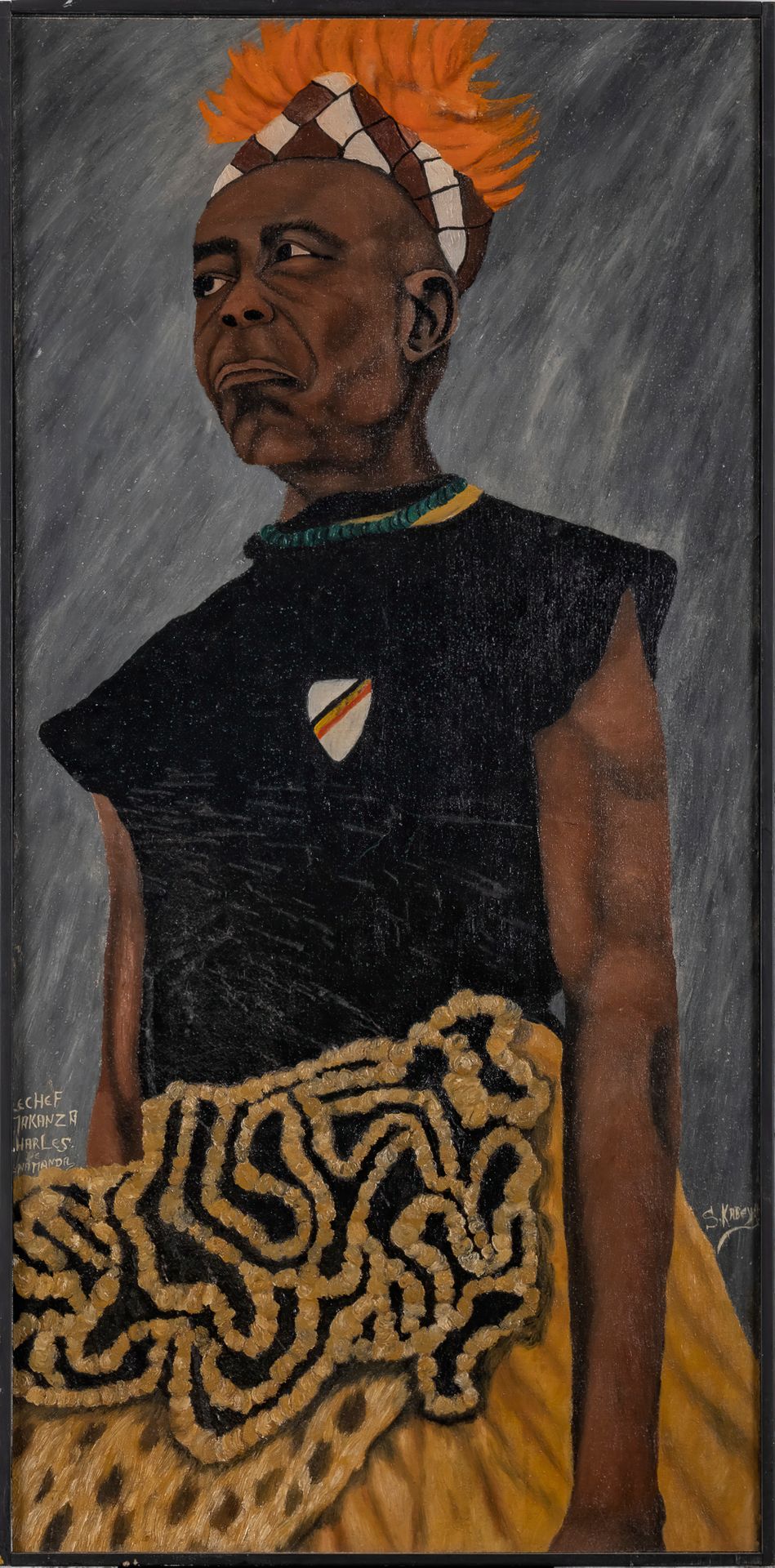 S.Kabeya (DRC early 20th) 1960年以前的板面油画，有签名，81 x 39,5厘米。在这部作品中，有一种祖先的智慧和面对未来的不甘心的&hellip;