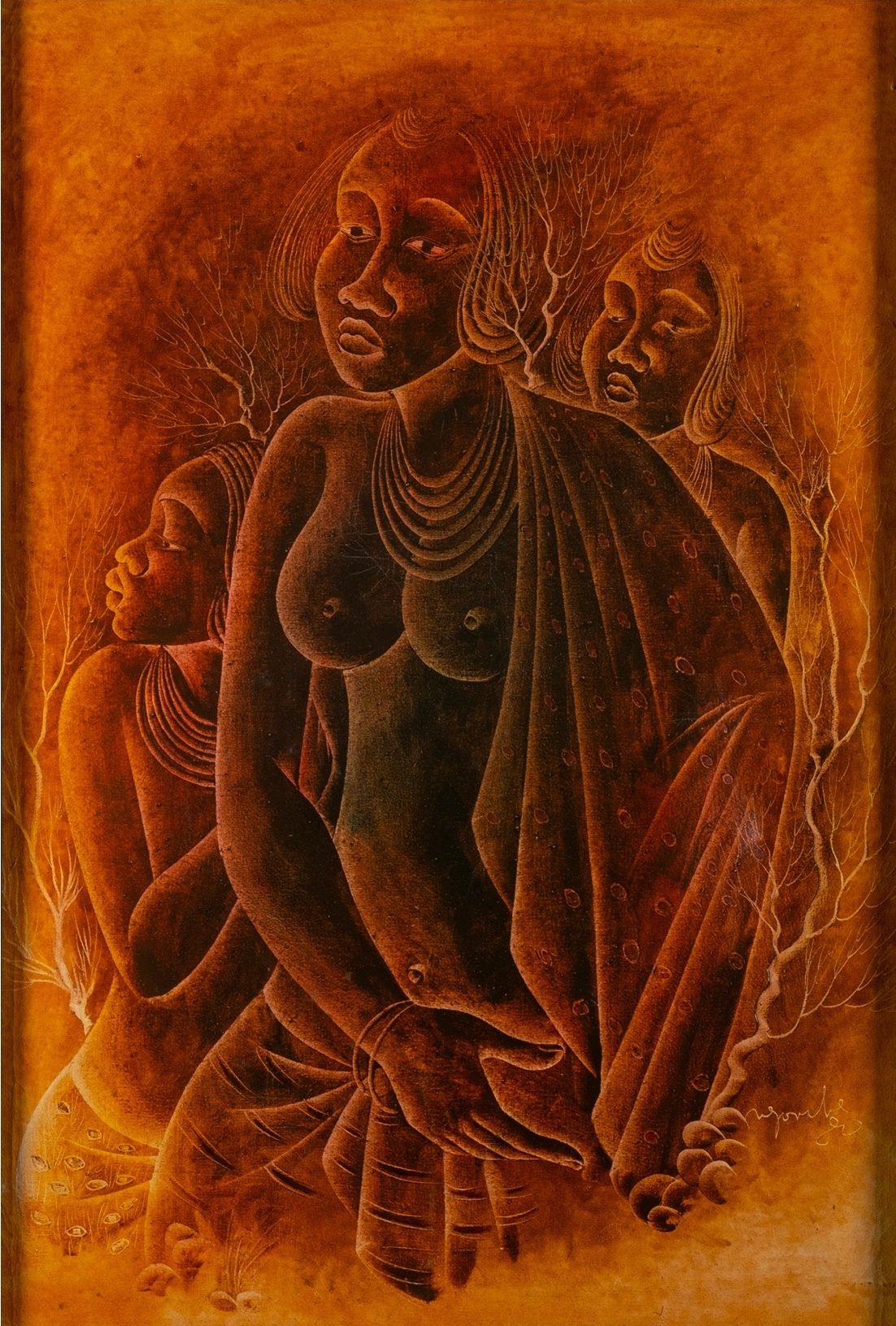 Ngombe (DRC, 1942-1990) 20世纪末的布面油画，签名，95 x 65厘米。作为最伟大的自学成才的画家之一，他形成了搔首弄姿的风格 他的艺术&hellip;