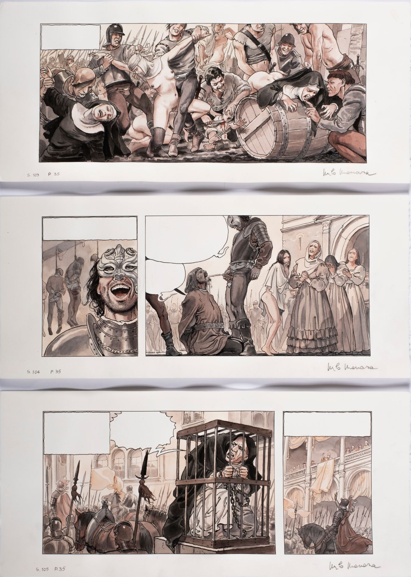 MANARA, Milo (1945 ) 印度墨水，水彩，板块21 博尔哈斯，第四卷，25.5 x 57厘米