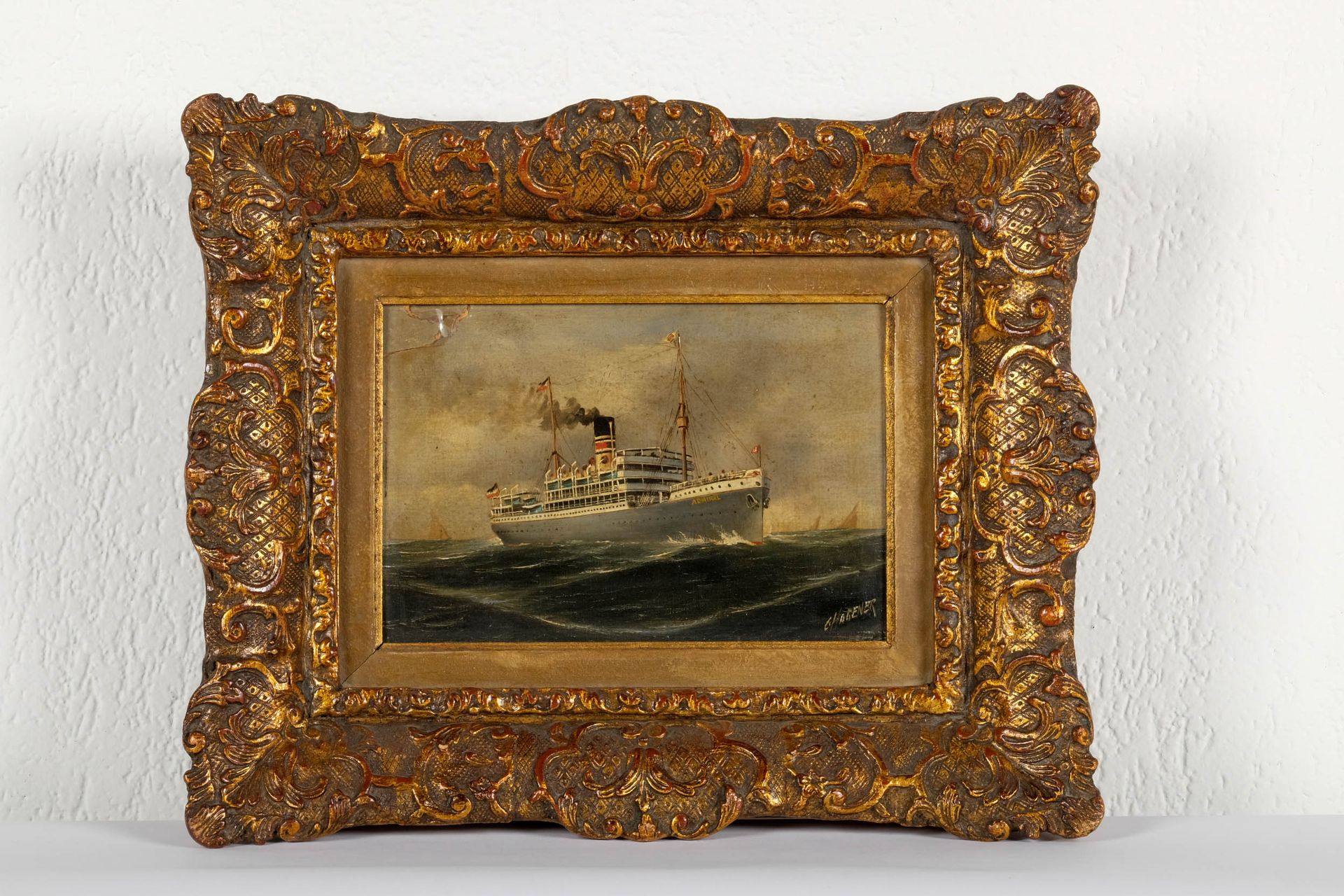 C. HAGENER (XIX-XX) 班轮 "海军上将 "号。木板上的油画，右下角有签名。14 X 21厘米。纸板将被修复。