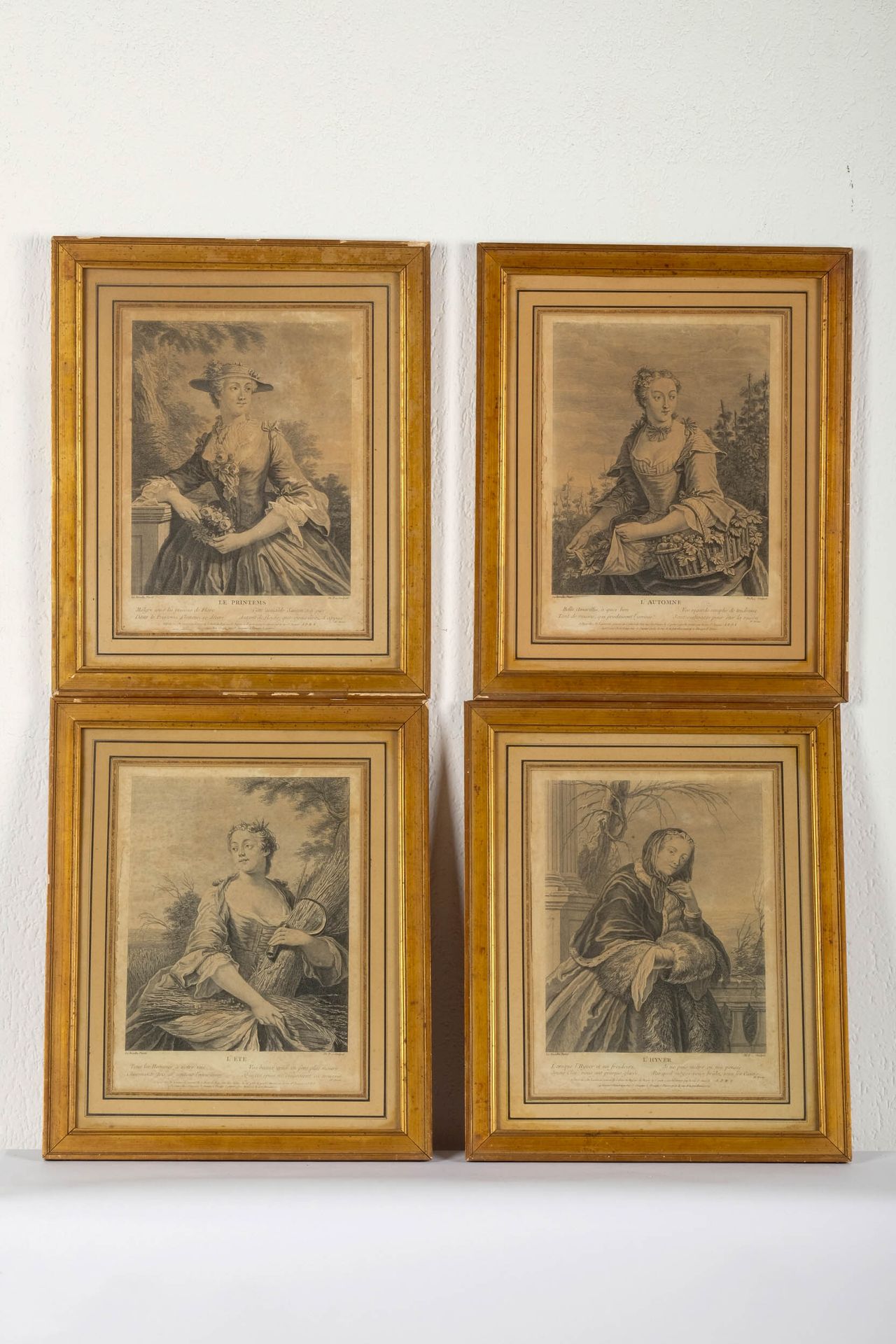 Gravure "四季"，一套4幅表现四季的版画，镀金木框，39 X 31厘米。