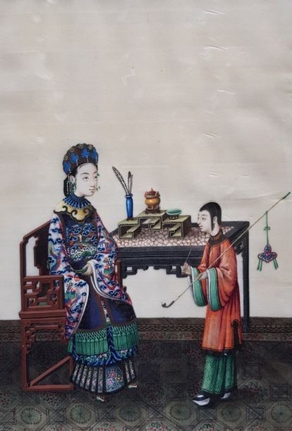 CHINE (CHINA, 中国) 
一幅北京水粉画，画的是一位文官的妻子被提供了一个鸦片烟斗，已装裱。