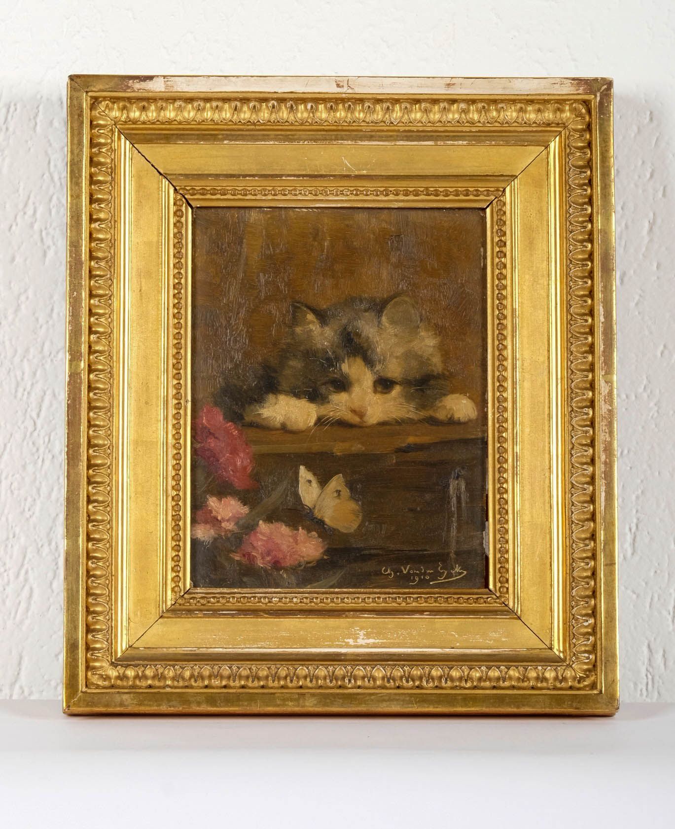 Charles II VAN DEN EYCKEN (1859-1923) 
小猫，面板油画，签名和日期为1910年，18 X 14厘米。