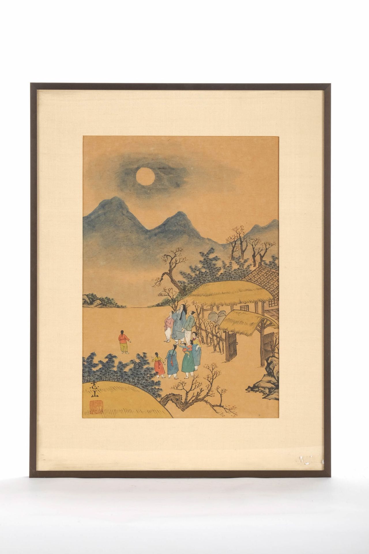 CHINE (CHINA, 中国) Drawing of animated Chinese landscape, framed, 39X28 cm.