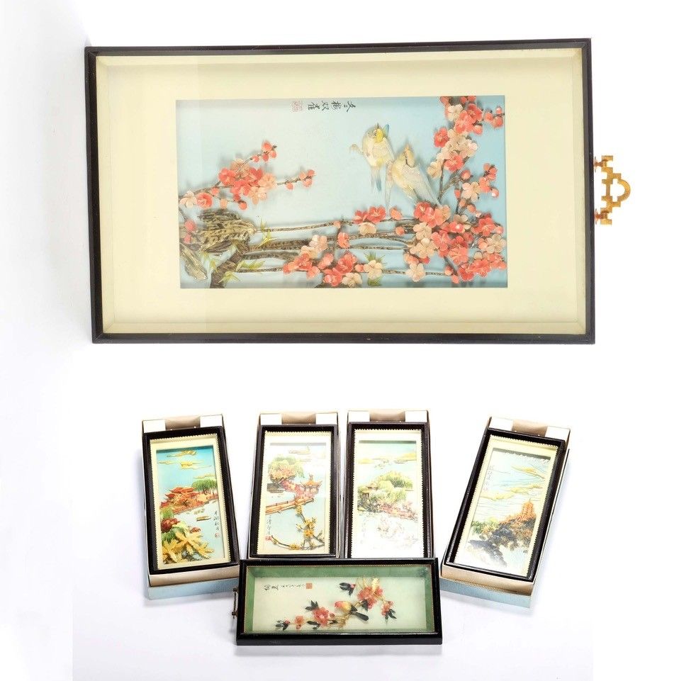CHINE (CHINA, 中国) Lot of 6 frames with Chinese decorations in various materials &hellip;
