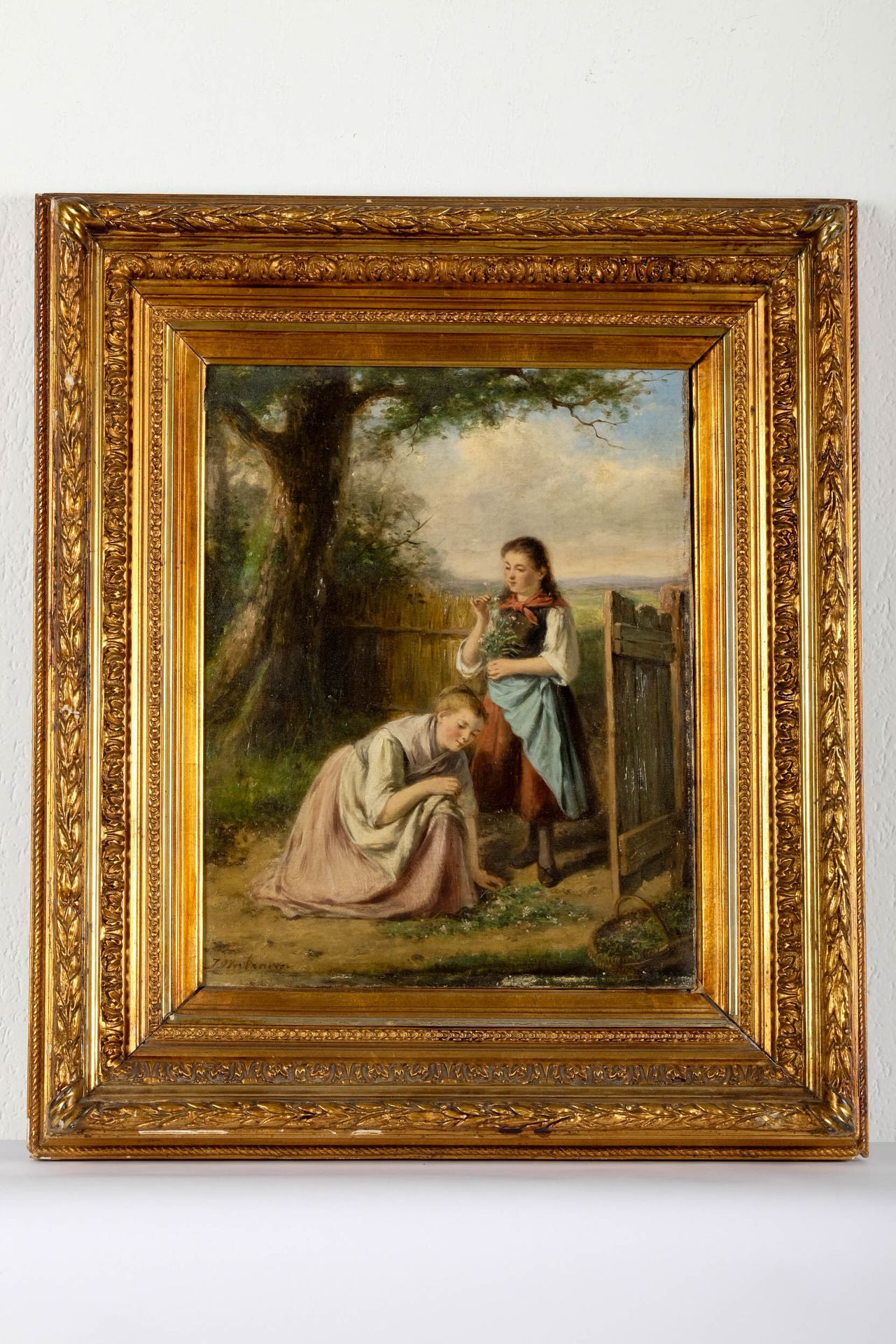 Jan WALRAVEN (1827-c.1863) La cueillette de fleurs. Huile sur toile signée en ba&hellip;