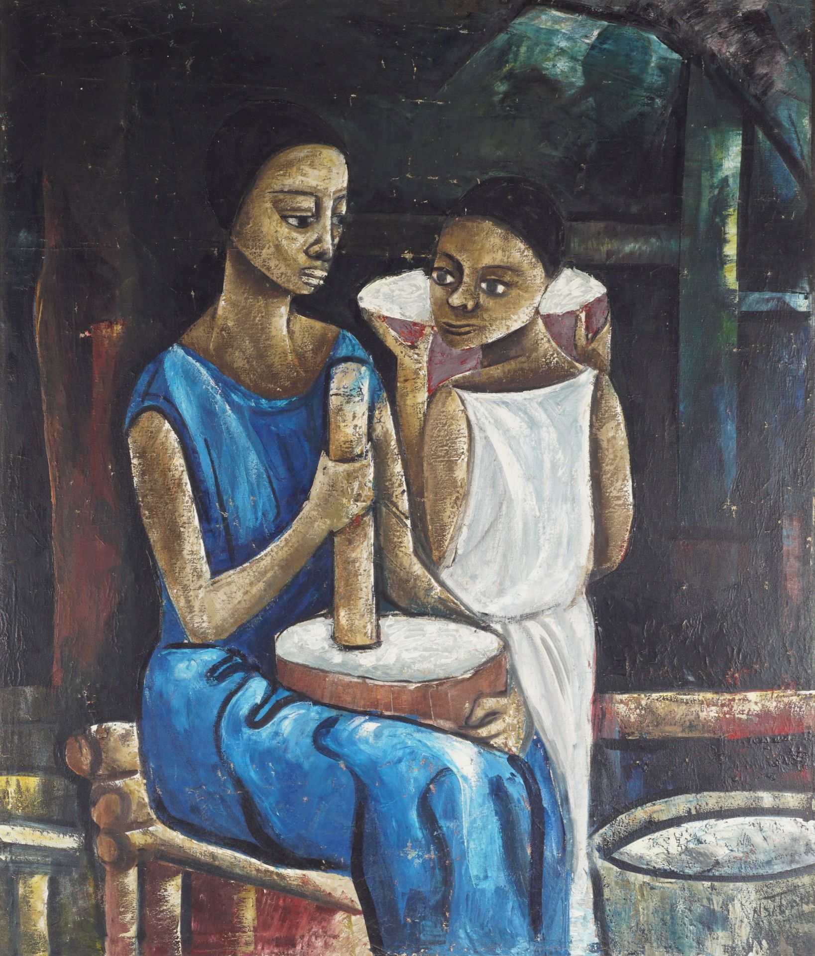 NSITAN, DRC 20th 无题（女人和孩子）。纸上油画。98 x 83。有签名，70年代/80年代，有框架。