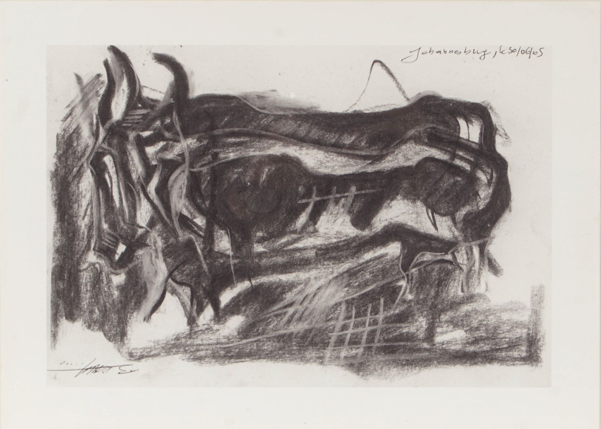 Roger BOTEMBE, Kinshasa, 1959-2019 一系列的水牛。纸上炭笔。20 x 30.有签名，日期为2005年，有框架。世博会RDC 2&hellip;