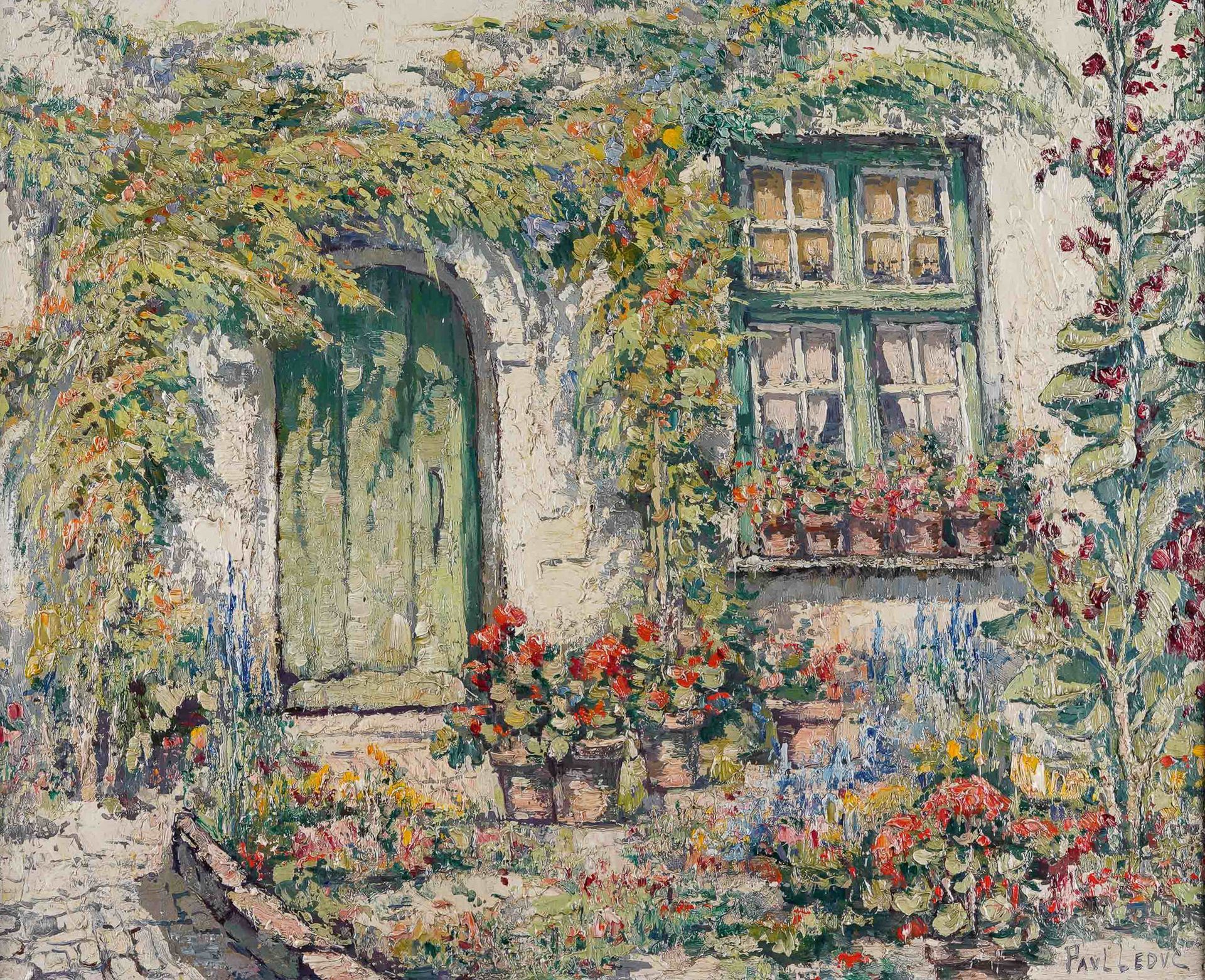 Paul LEDUC (1876-1943) La maison fleurie. Huile sur panneau de bois. 34 x 40.5 c&hellip;