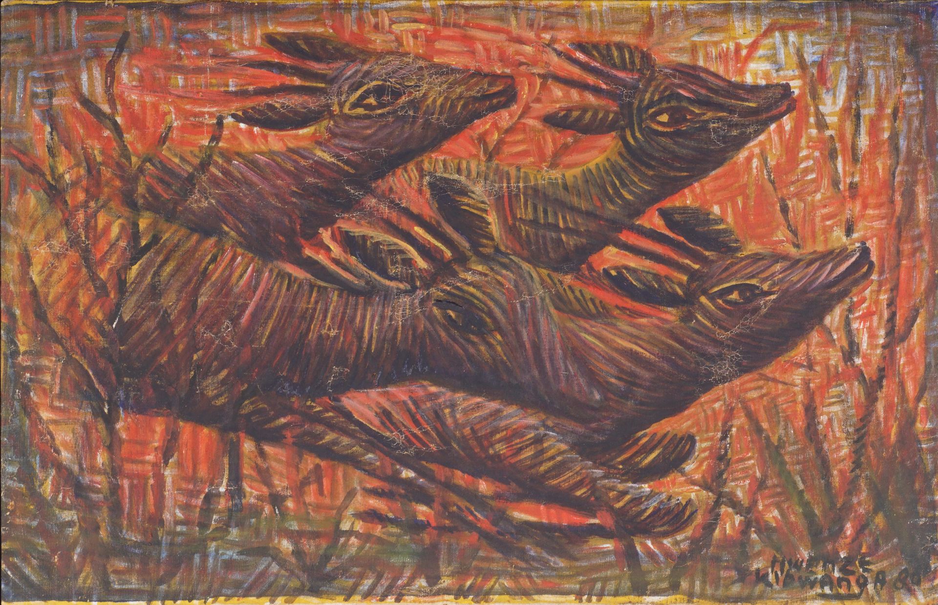 Kibwanga MWENZE, (Kilumba,1925 – 1999, Lubumbashi) 无题（羚羊）。布面油画，55 x 85厘米。有签名，日期为&hellip;