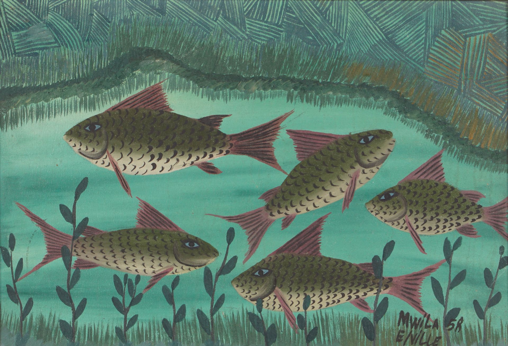MWILA (act.C.1950-1970) Untitled (Fish). 31 x 45 cm. Signed, dated 1958, framed.&hellip;