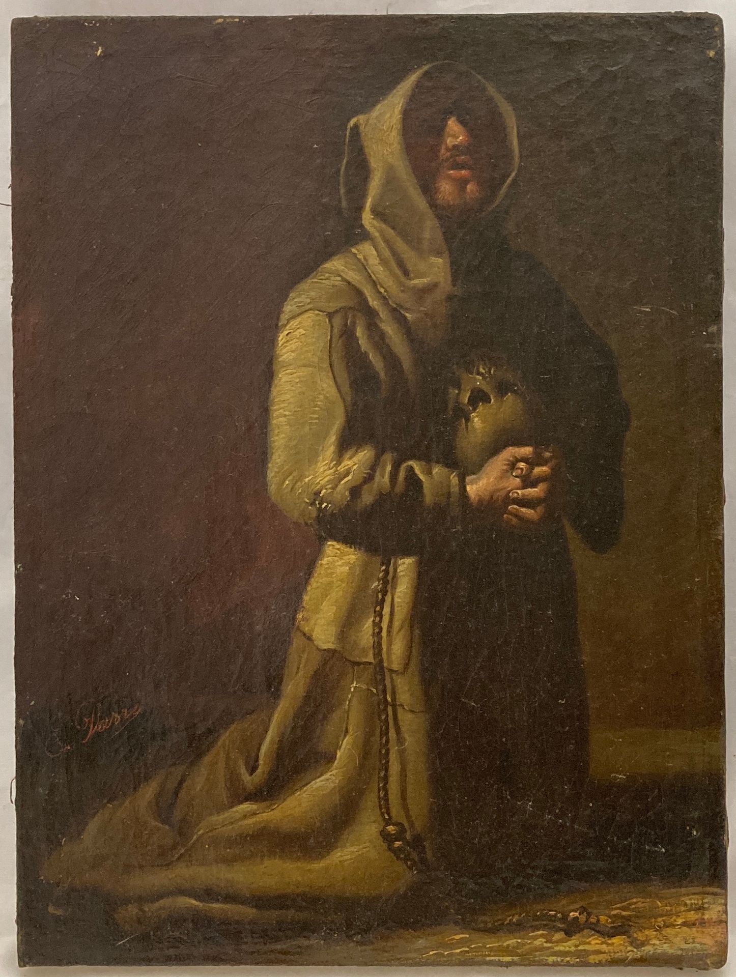 Null E.DARRE，《忏悔的和尚》，布面油画，19世纪，左下方有签名。高30.3厘米。宽度22.7厘米。帆布略微膨胀。