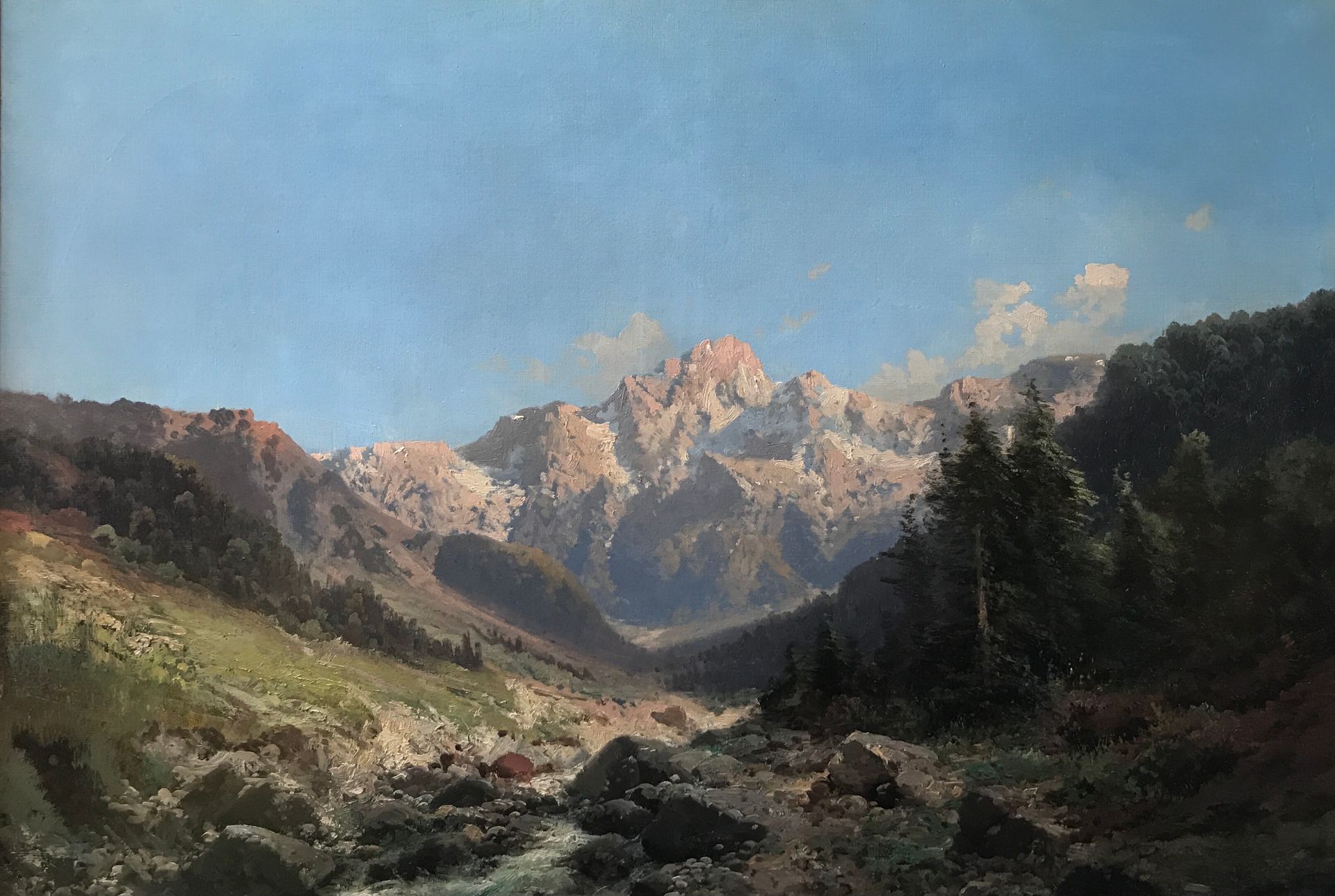 Null Emile GODCHAUX (1860-1938)，山地风景，布面油画，右下方有签名。帆布上的洞。高52厘米。长90厘米。