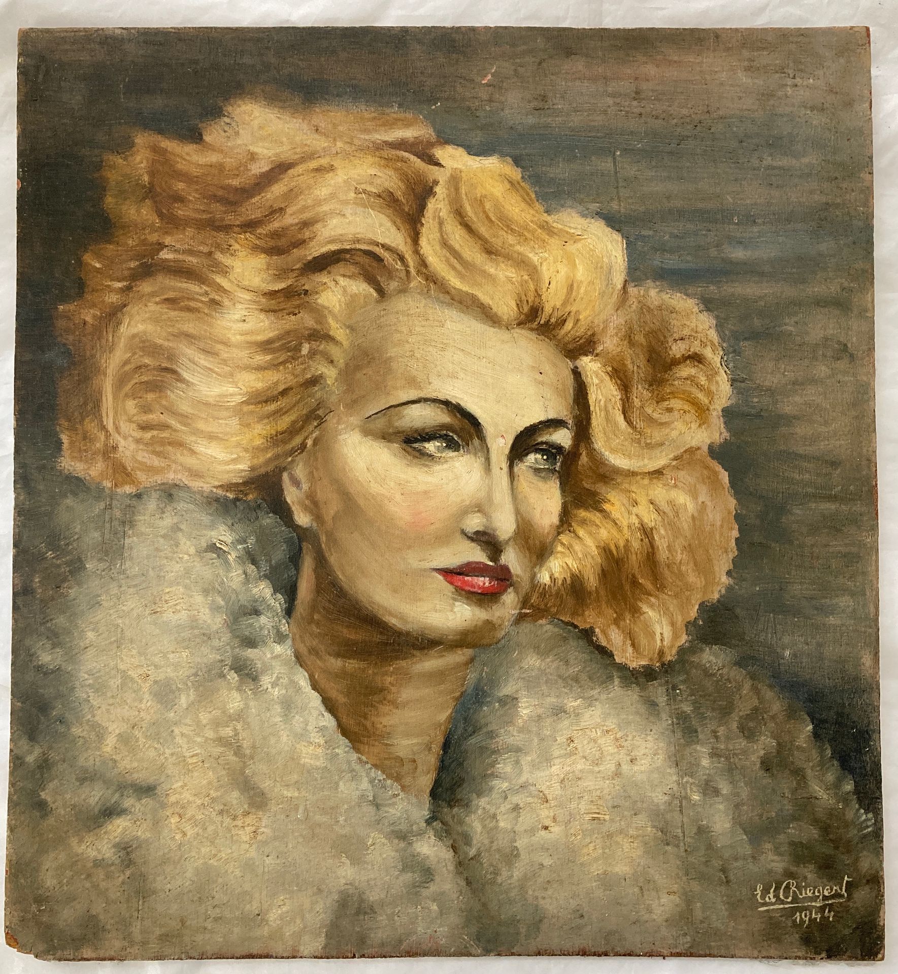 Null Ed RIEGERT, retrato de mujer con piel, óleo sobre tabla firmado y fechado e&hellip;