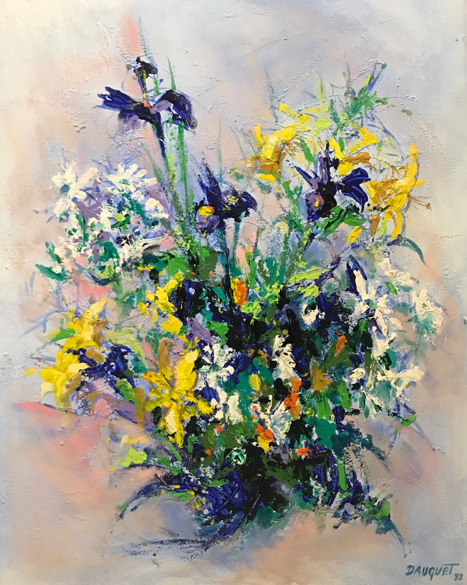 Null Jean-Claude DAUGUET (1939-2002) 鸢尾花和沼泽鸢尾花的花束。布面油画。右下方有签名，日期为93。高度：80厘米，宽度：6&hellip;