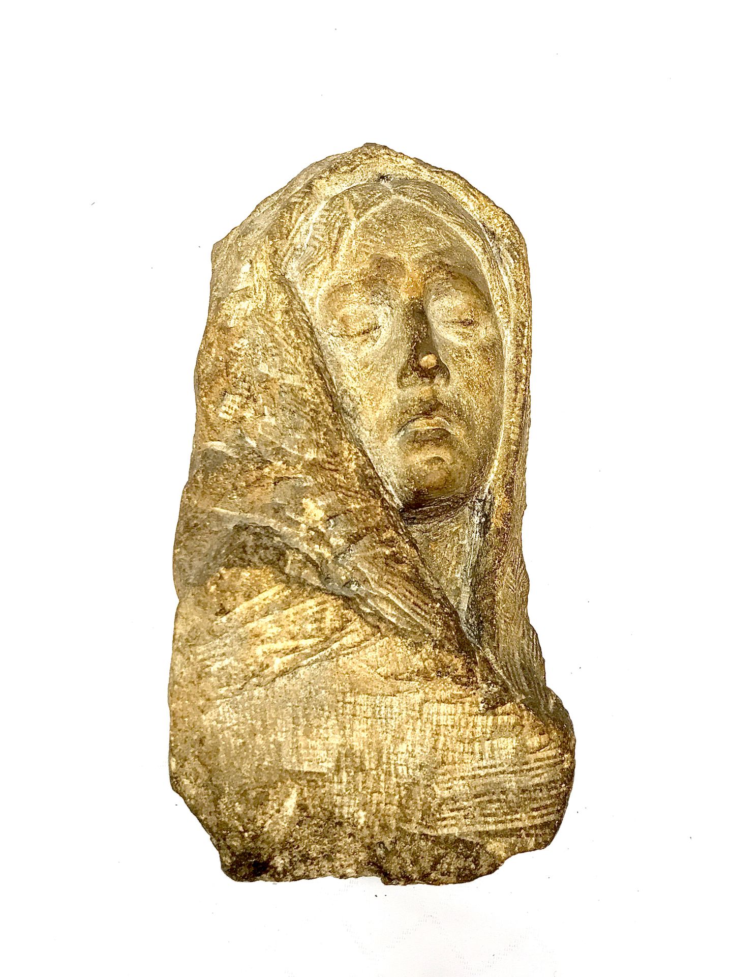 Null 19世纪的法国学校。一个戴面纱的女人的头。

石灰石雕塑。

浪漫主义时期。 

高15厘米。宽度15厘米。深度15厘米。