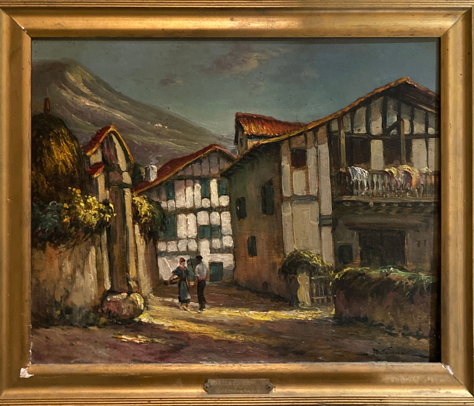 Null Marcel POISSONNIE, "Ruellle animée dans un village basque", óleo sobre tabl&hellip;