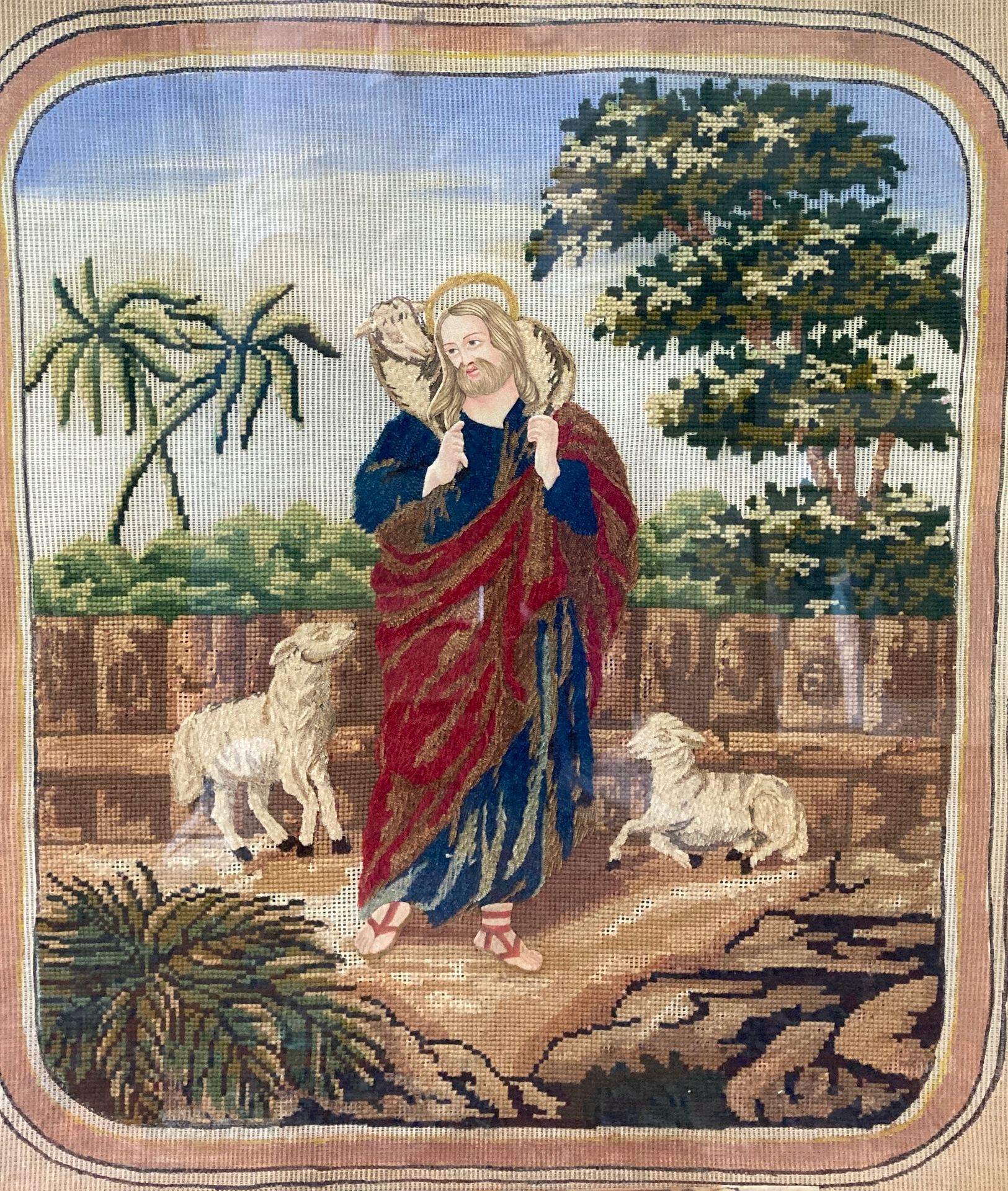 Null Polychrome embroidery "The Good Shepherd" in a wood and gilded stucco frame&hellip;