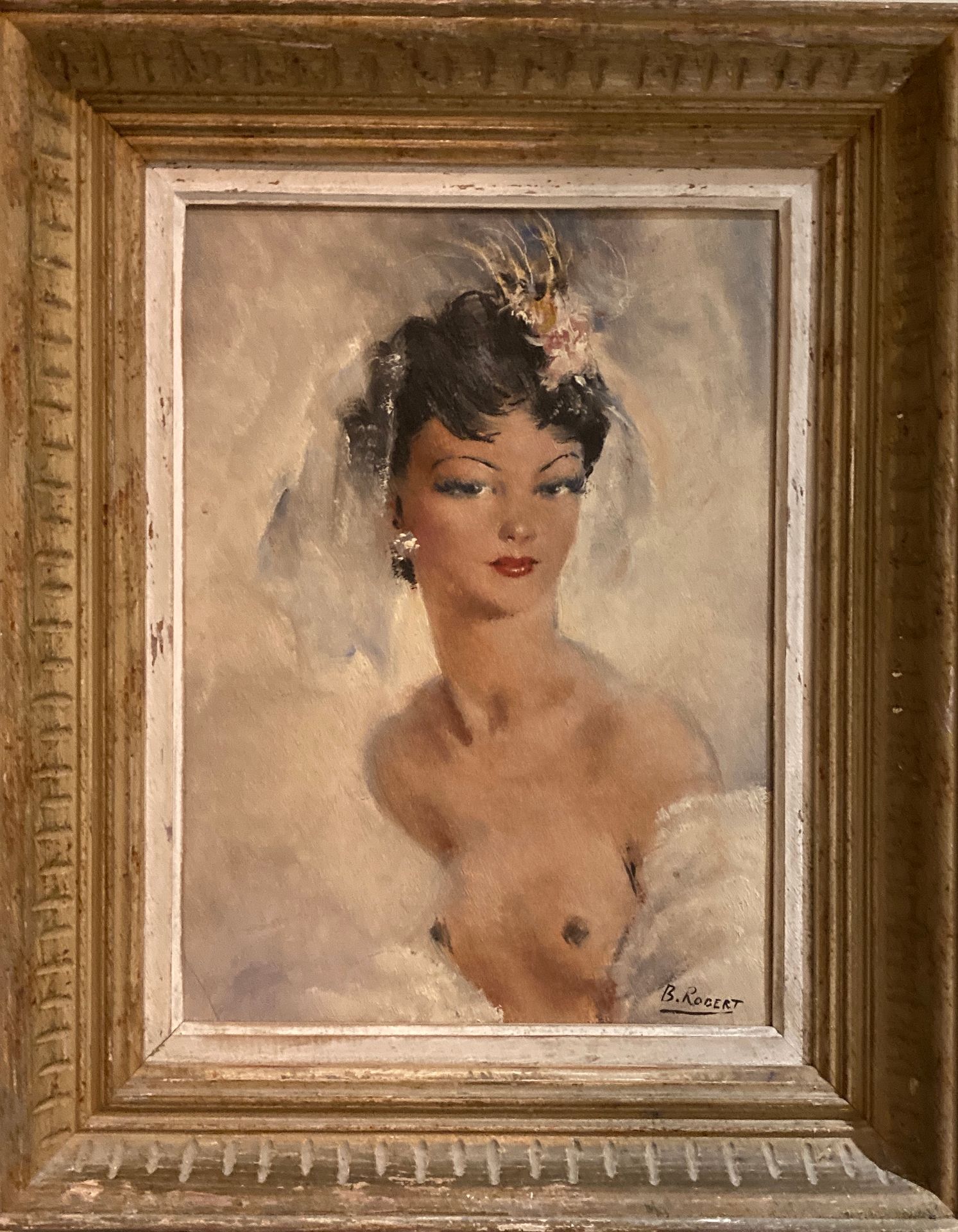 Null B.ROBERT（DOMERGUE的追随者），"优雅女士的肖像"，布面油画，右下角签名。高38.5厘米。长28厘米。左下角有一处修复。
