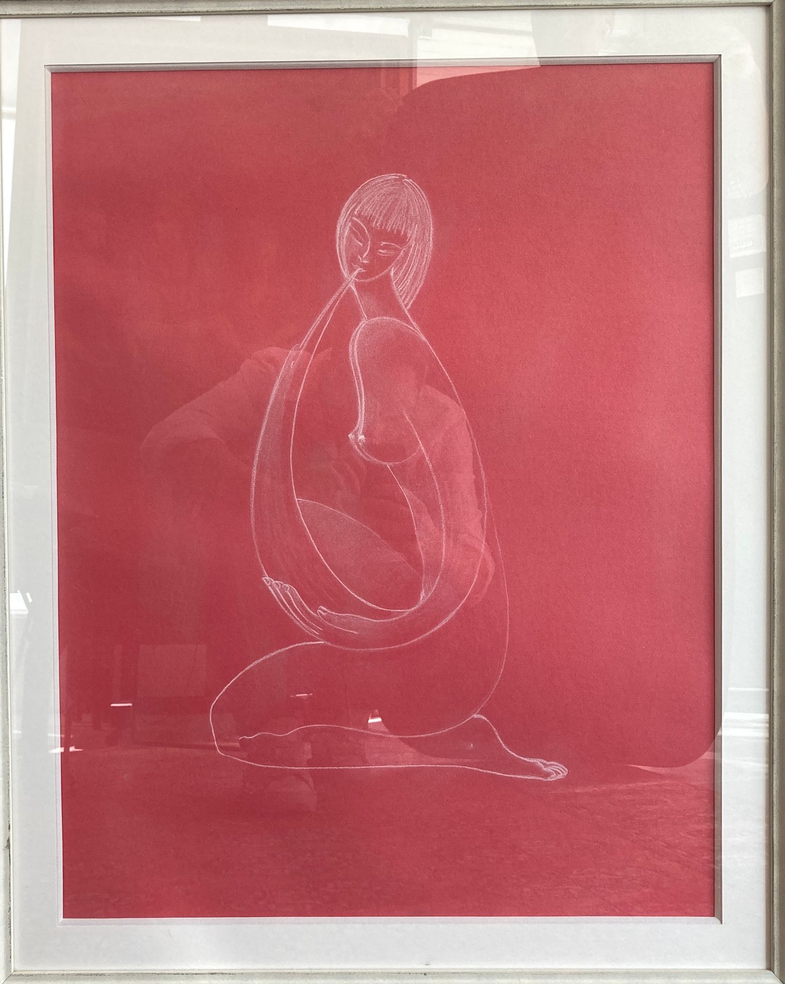 Null Francis BRUEL, Squatting woman, white pencil. Height. 61 cm. Width 47.5 cm.