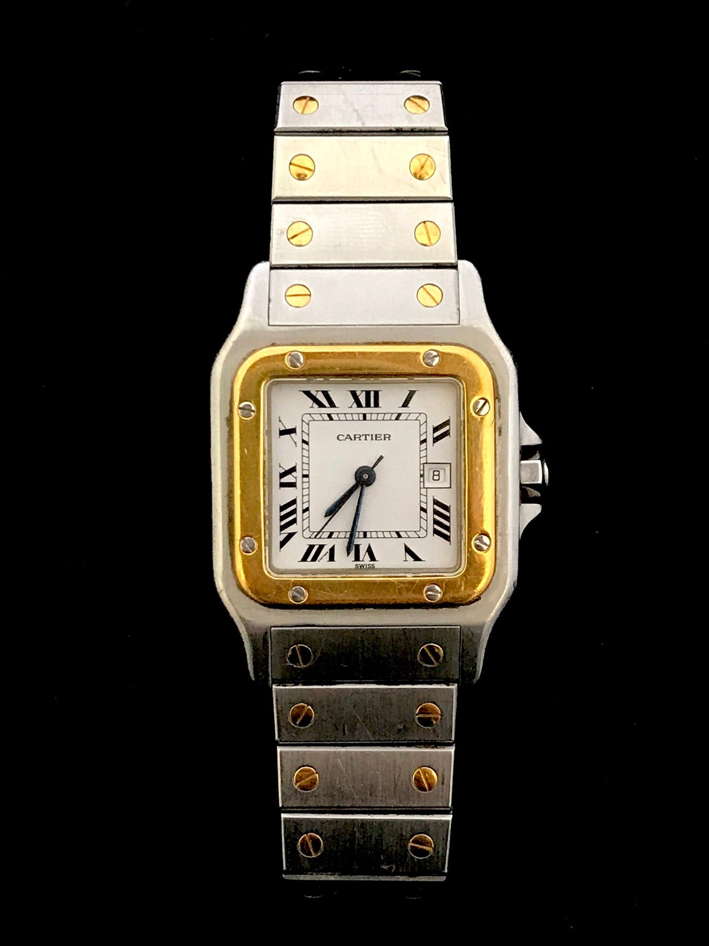 Null CARTIER, SANTOS. Armbanduhr aus Stahl und 18k Gelbgold 750°/00, weißes Ziff&hellip;