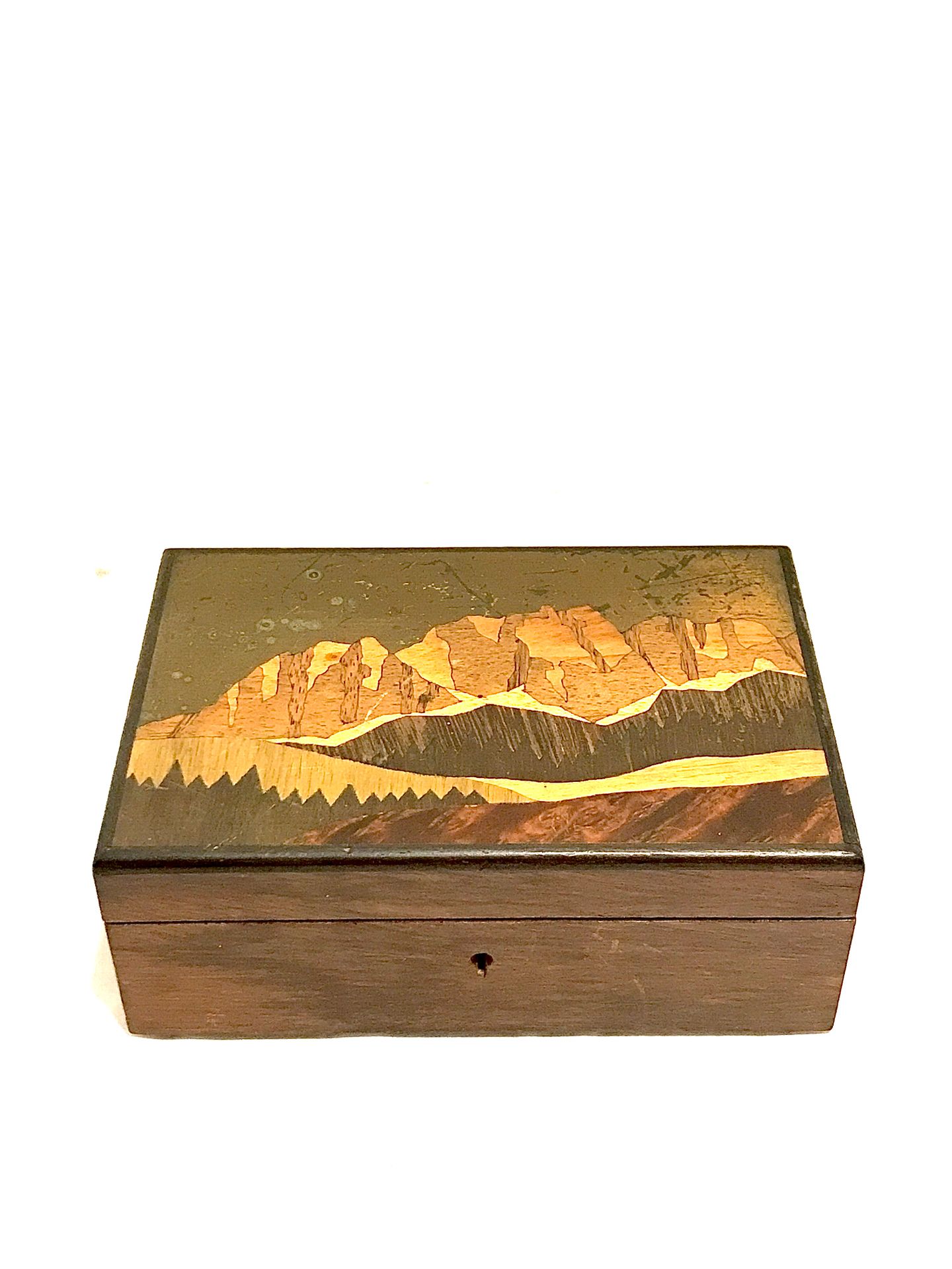 Null 紫檀木贴面的盒子，盖子上的镶嵌图案形成了一个山景。高6厘米。长15厘米。宽度为10厘米。
